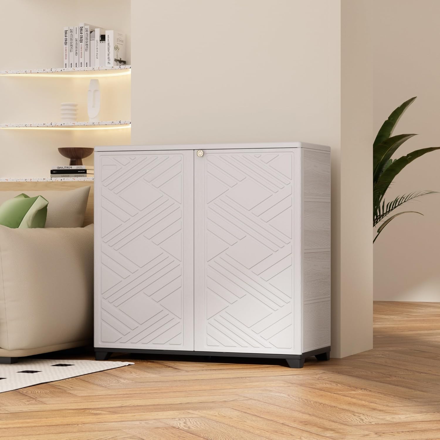 ADDOK Indoor Outdoor Plastic Storage Cabinet 34"x15"x34" with 1 Shelf, Outdoor Storage Shed for Living Room, Hallway, Balcony, Garage, Garden, Backyard-White