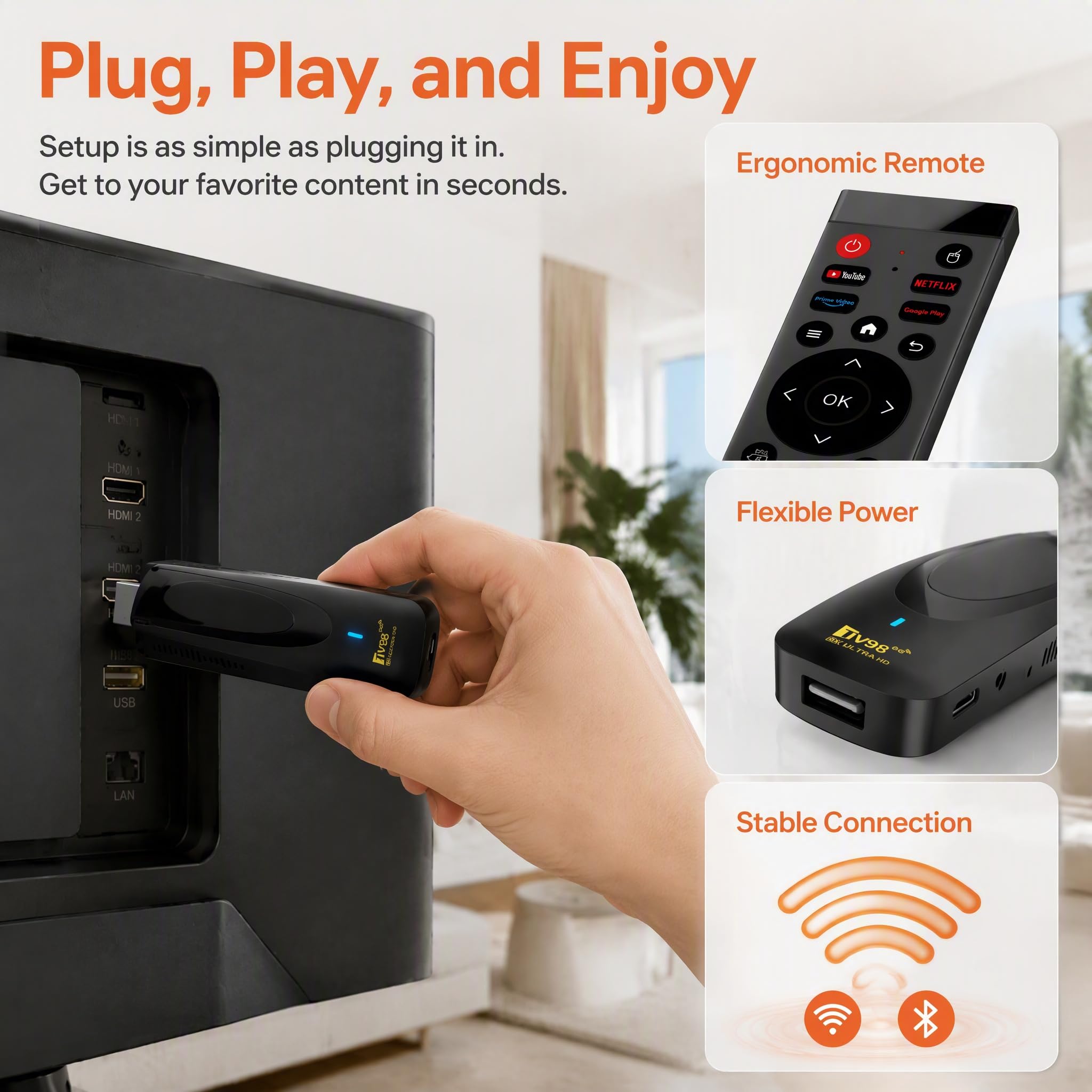 Android 14 OS Bluetooth TV Stick, 8K Streaming, 2GB RAM Voice Remote