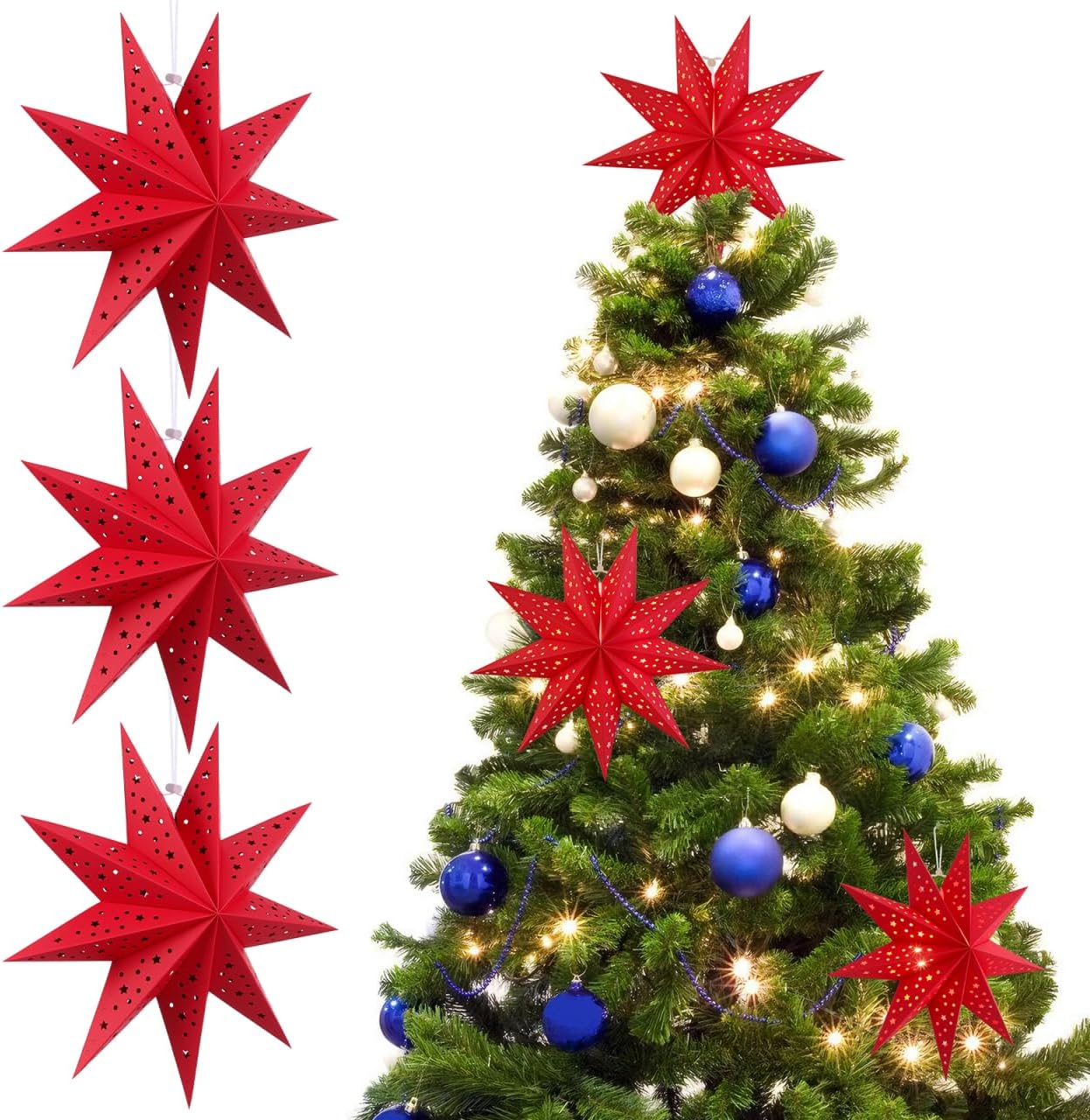 Operitacx 3pcs Christmas Paper Star Lampshade- 9-point Origami Star Lantern Lampshades for Christmas Holiday Decoration Indoor Outdoor Party Hanging Lights