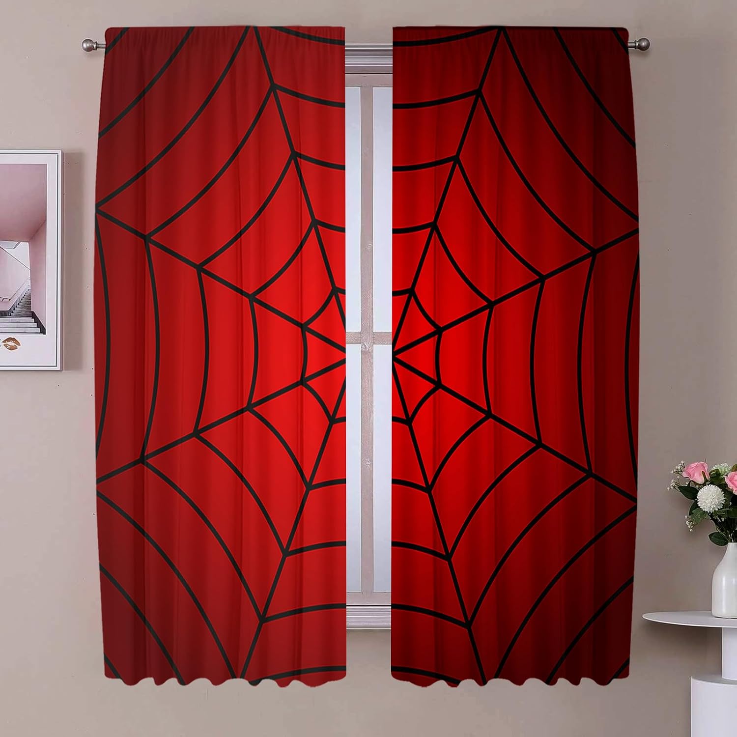21x63Inches Superhero Window Curtains for Kids Boys Girls Red Spider Web Living Room Bedroom Nursery Home Decoration Drapes 2 Panels Polyester Fabric Supplies