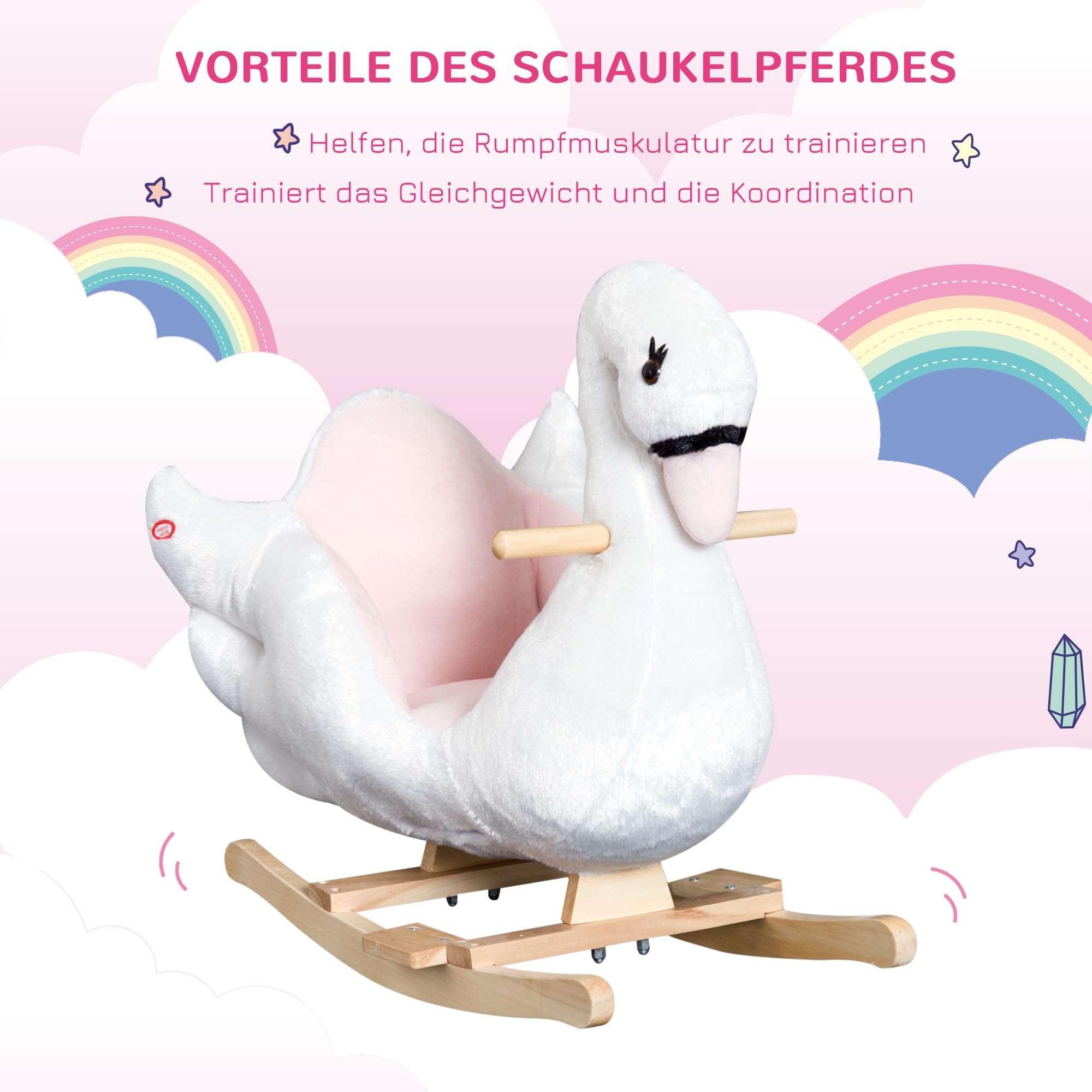 HOMCOM Schaukeltier Schaukelpferd mit Musik, 57 cm Baby Schaukel aus weichem Plüsch Schaukelspielzeug Spielzeug Wippe für Baby Kinder Kleinkinder ab 18 Monate Holz