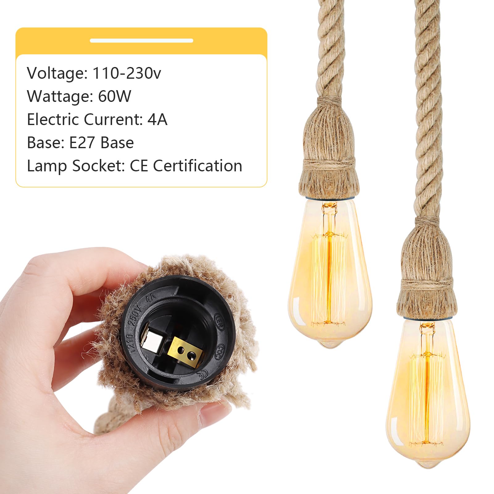 HOMEJOY Lampadario Vintage in Corda di Canapa - Portalampada E27, Stile Retrò, Fai Da Te, Industriale - Kit Lampada a Sospensione per Cucina, Bar, Magazzino
