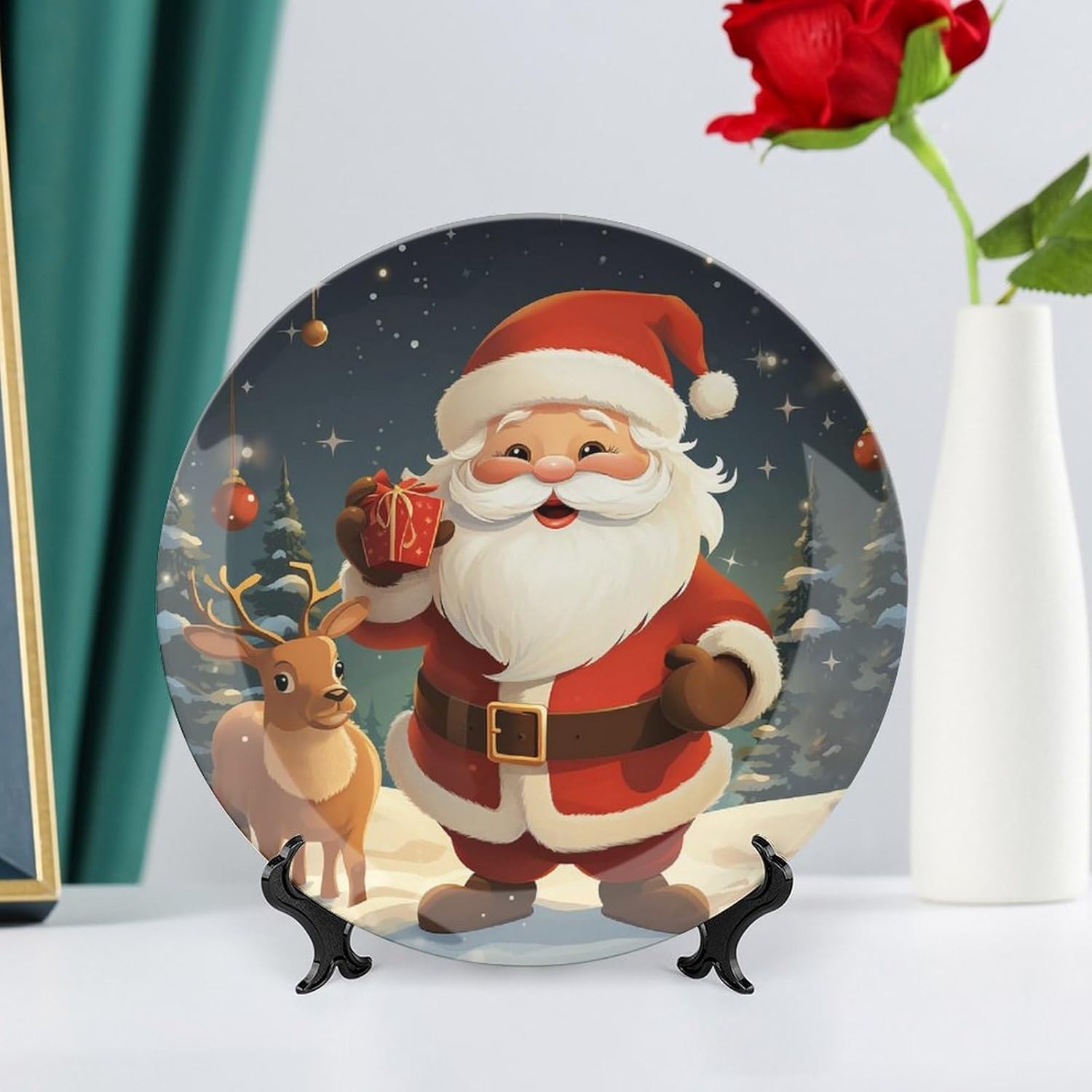 Christmas Santa Claus Ceramic Decorative Plate for Office Decor, Chinese Style Decorative Dish with Stand, Dinner Dish Decorative Plates for Wall Hanging Bone Collections Plates 10inch