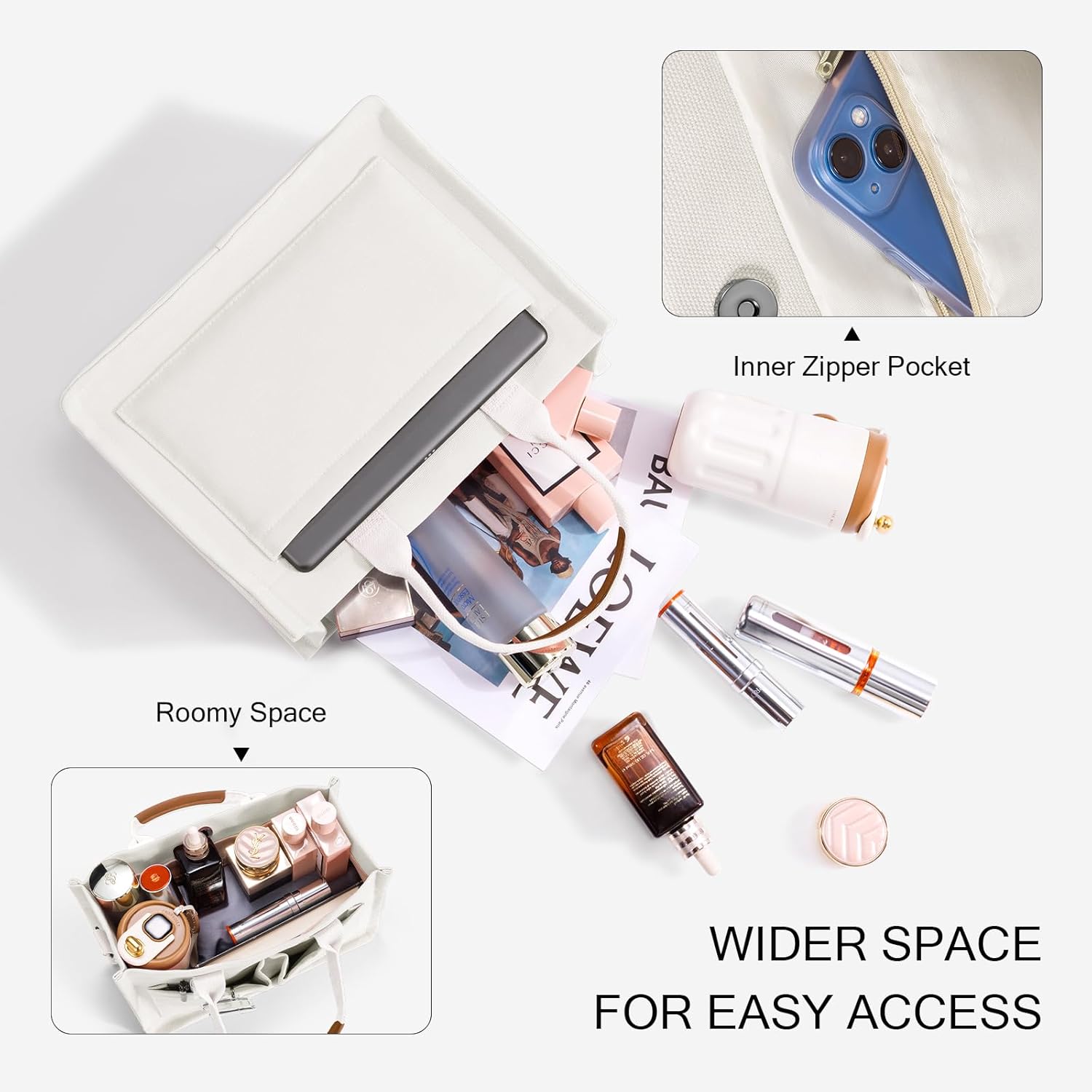 Canvas Tote Bags with Pockets - Women's Everyday Satchel Handbag - Image 4