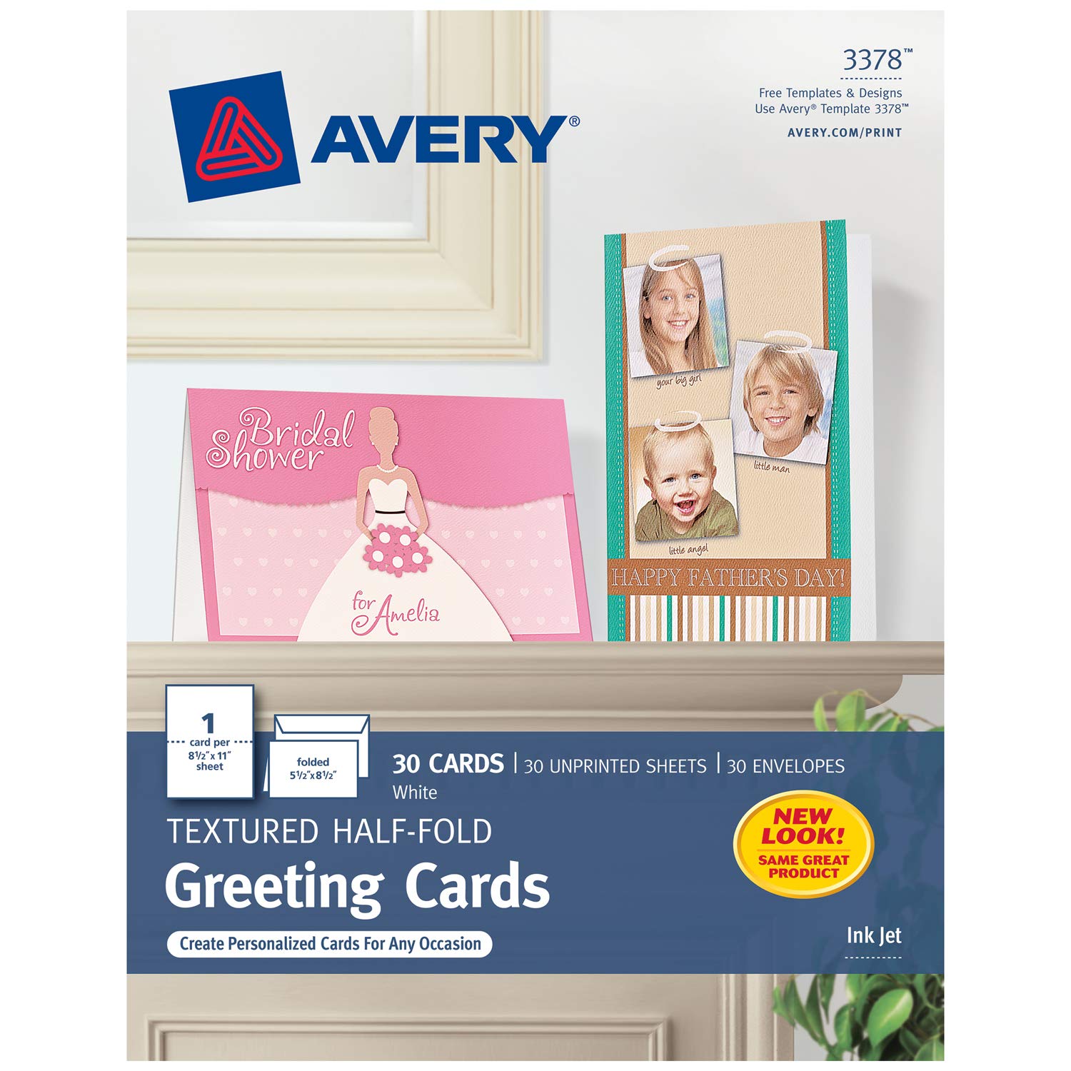 Avery Printable Greeting Cards, Half-Fold, 5.5" x 8.5", Textured White, 30 Blank Cards with Envelopes (3378)