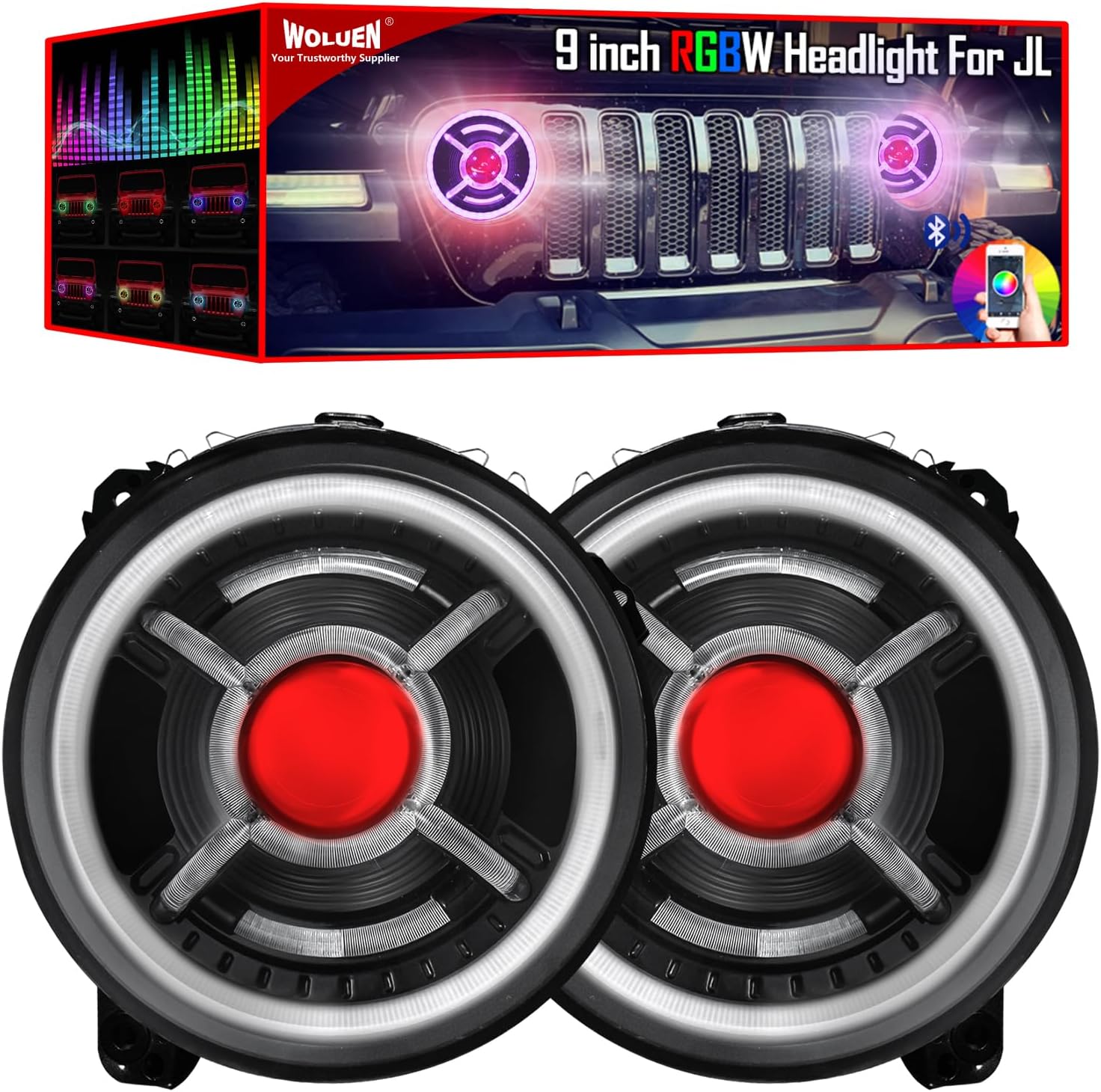 For 2023 Je-ep JLRGBW headlight - 9 Inch LED Headlights RGB for 2019-2024+ Wrangler Gladiator JT JL JLU Unlimited Sport Rubicon Sahara, 9" LED Headlight DOT w/ Cellphone Controlled Halo Demon Eye DRL