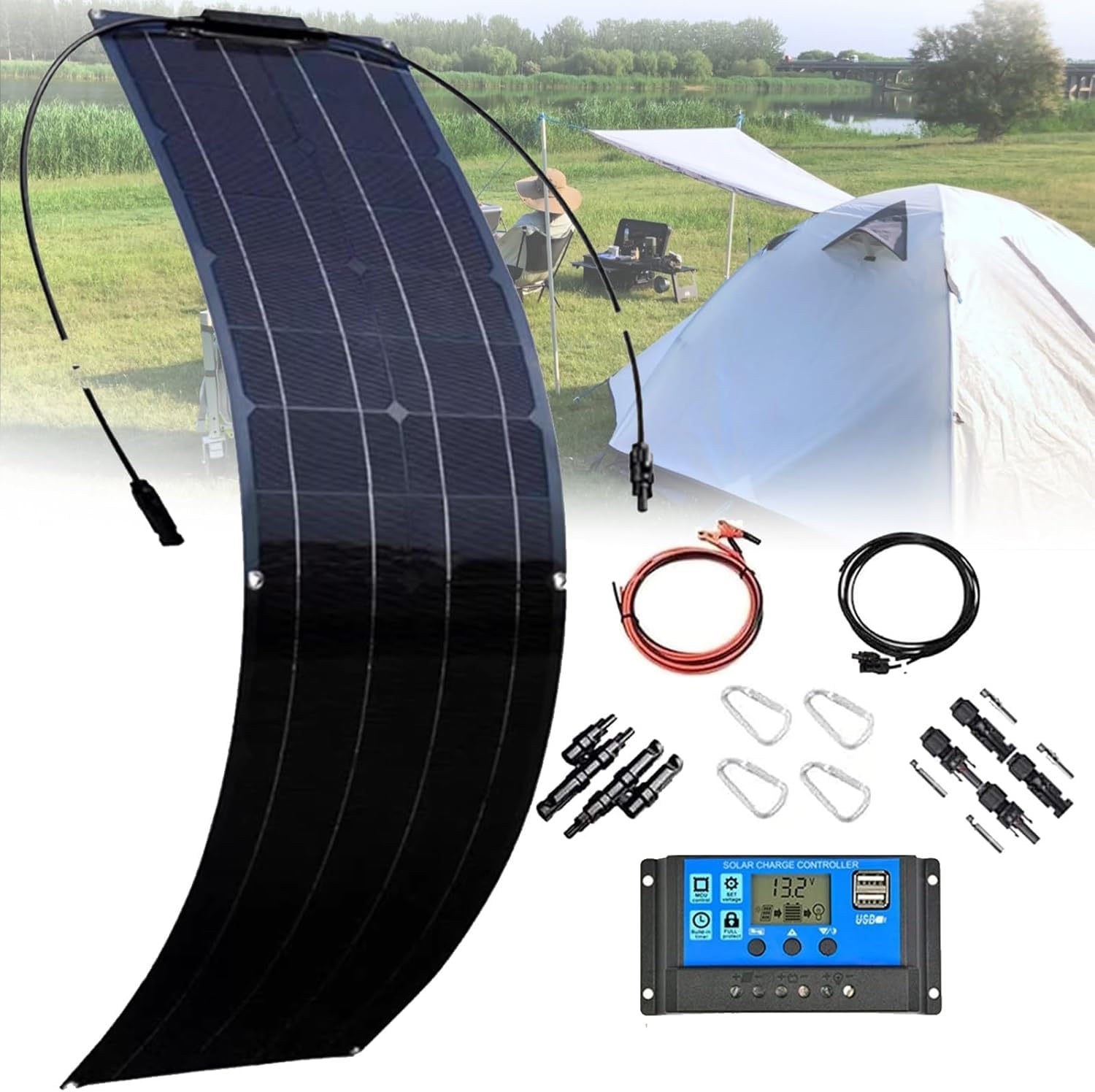 GZGHRZQS Monocrystalline Solar Panel Kit 200W/400W/800W Ultra-Thin, Flexible Solar Panels Alternative 12V-24V ETFE Panels With 40A Controller, For Family, Caravan, Boat