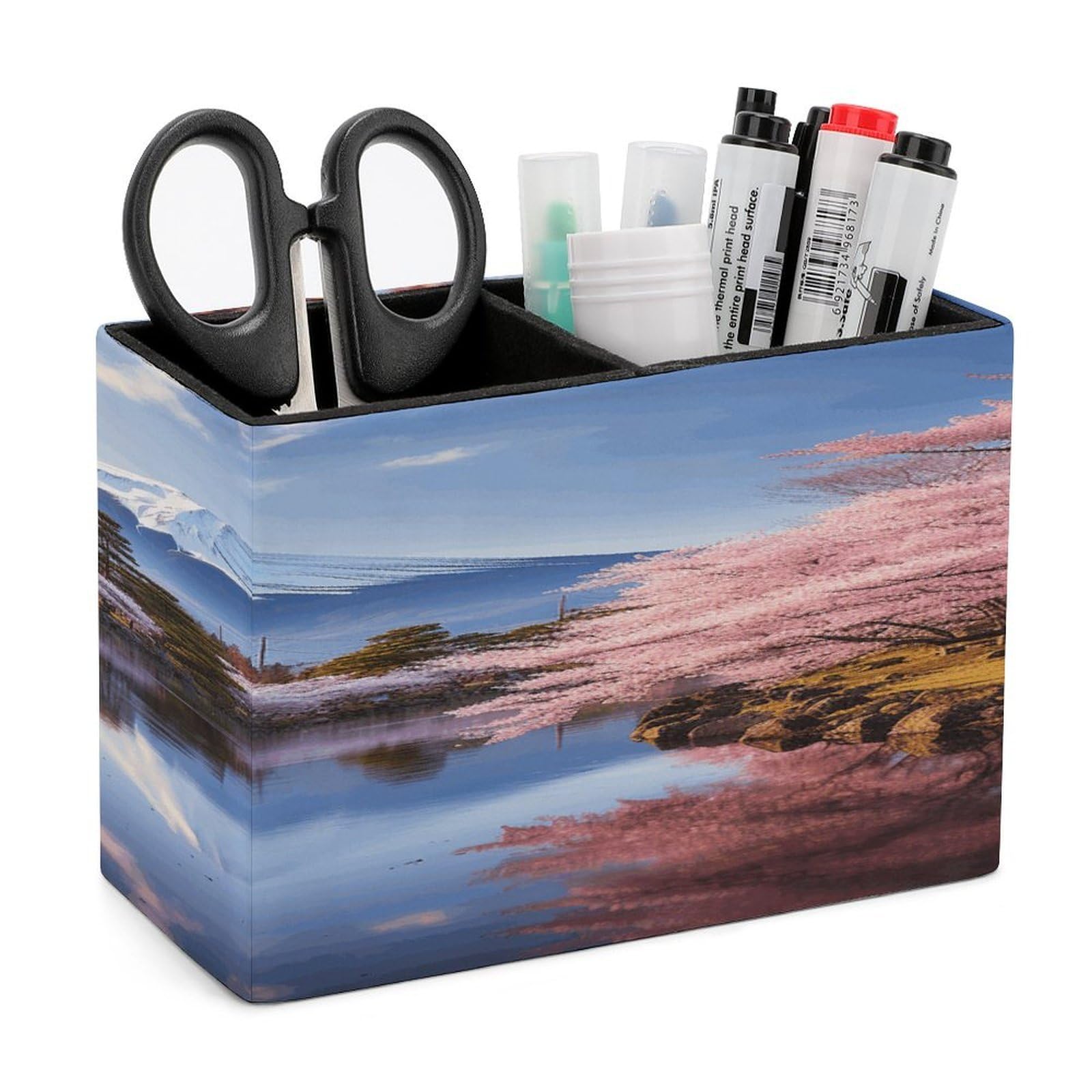 VstaDank Mount Fuji Cherry Blossom Trees Pen Holder Double Compartments Pen Cup Fashion Makeup Brush Holders Leather Pencil Holder for Work Locker Accessories Modern Pencil Cup for Desk Organizer