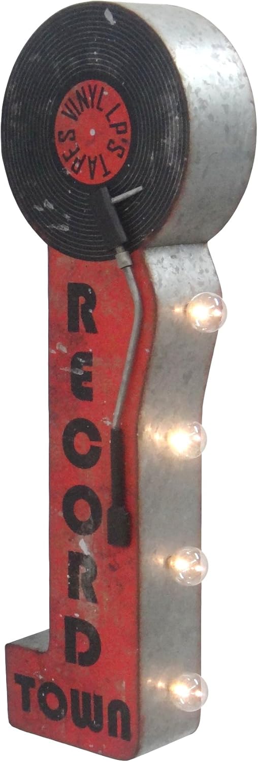 Record Town Vinyl Turntable Store - Reproduction Vintage Advertising Sign - Battery Powered LED Lights - Double Sided Metal Marquee Display - 30 x 10 x 5 inches