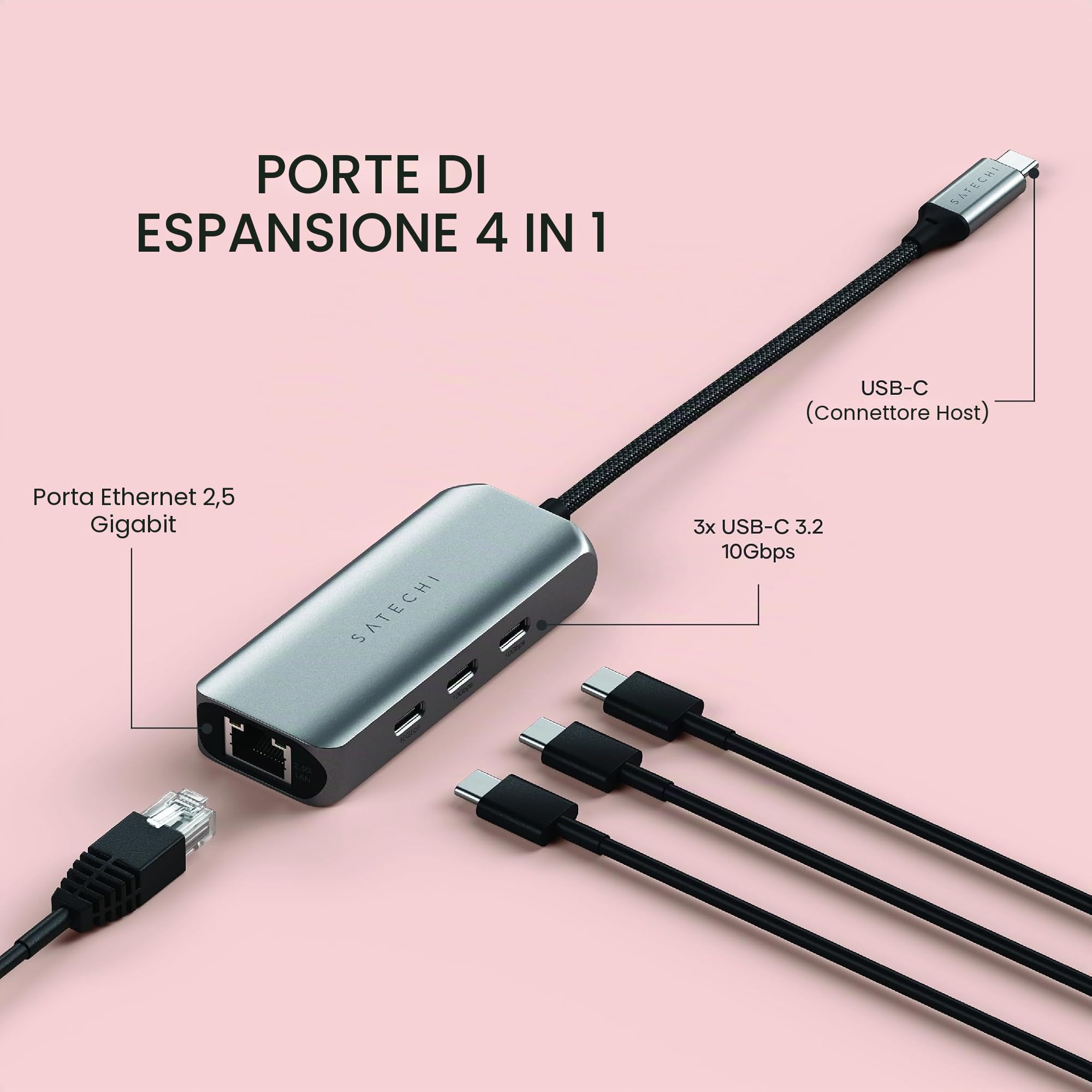 SATECHI 4 in 1 Hub USB-C con Ethernet 2.5Gbps | 3x Porte USB-C 3.2 a 10Gbps, rete ultra veloce, design compatto plug and play per MacBook, laptop Windows e altro