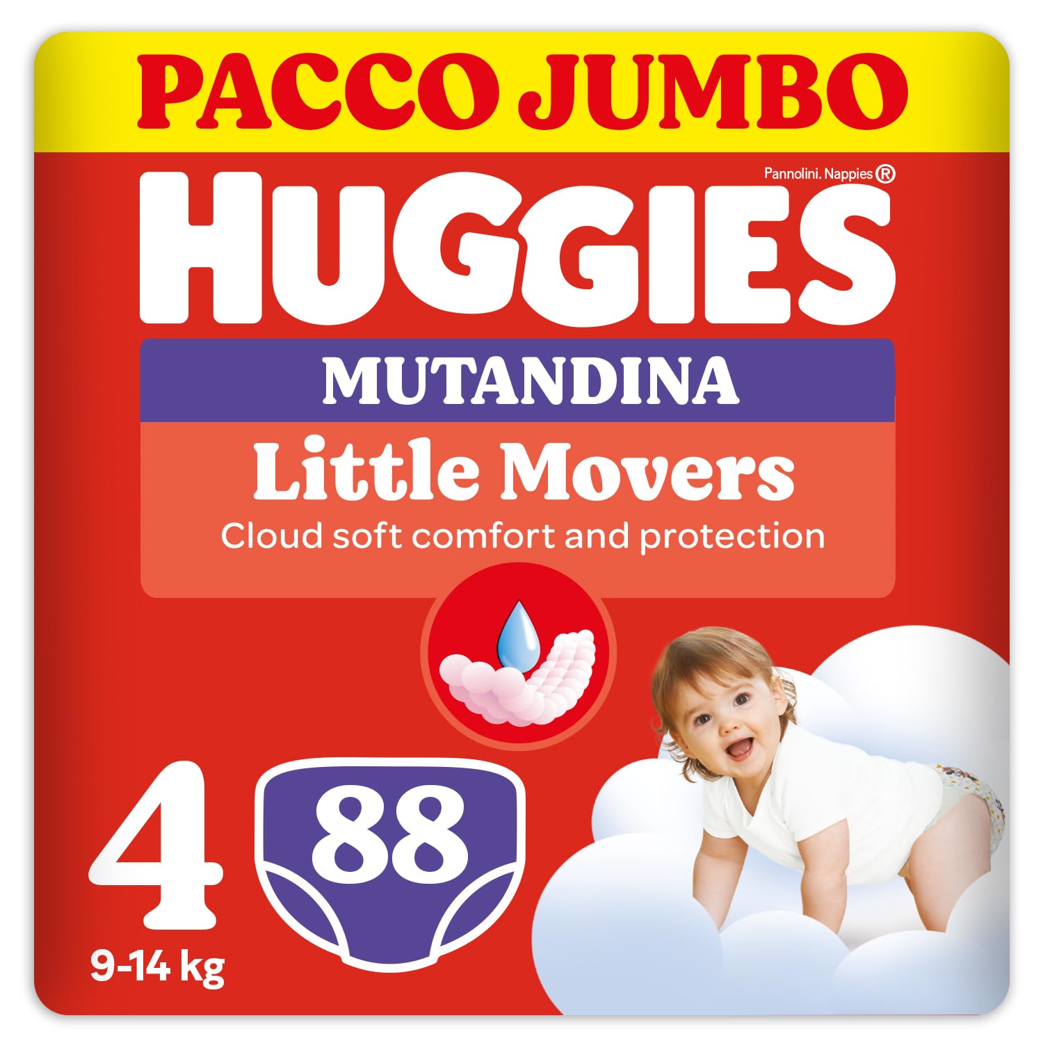 Huggies Little Movers Pannolini Mutandina Taglia 4 (9-14 Kg), Ultra assorbente, Protezione completa, Pacco Jumbo, 88 Pz