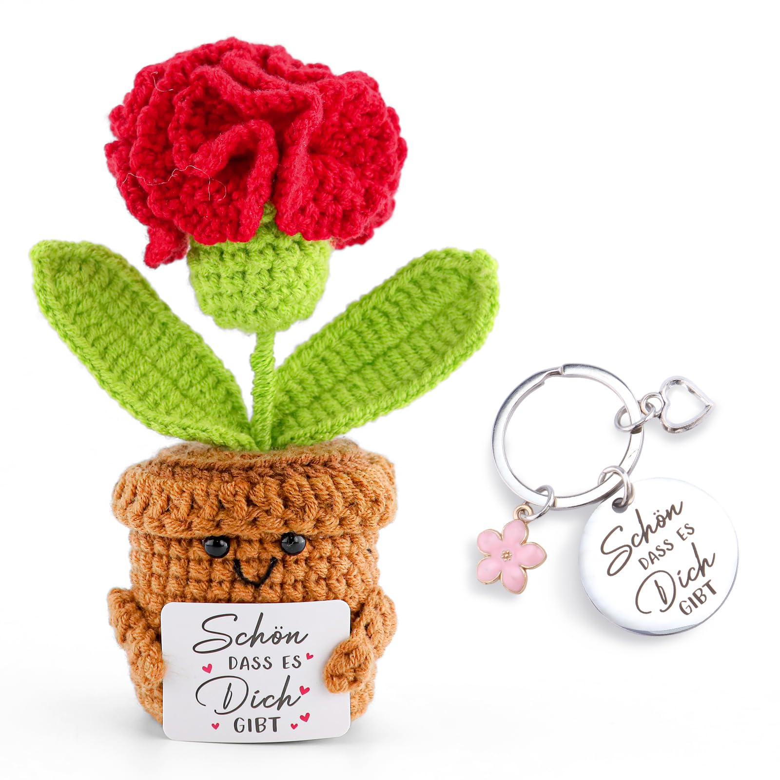Bambola di garofano lavorata a maglia, regalo per donne, decorazione floreale fatta a mano, con portachiavi "Schön dass Es Dich Gibt", regalo di ringraziamento per mamma, fidanzata, collega, per