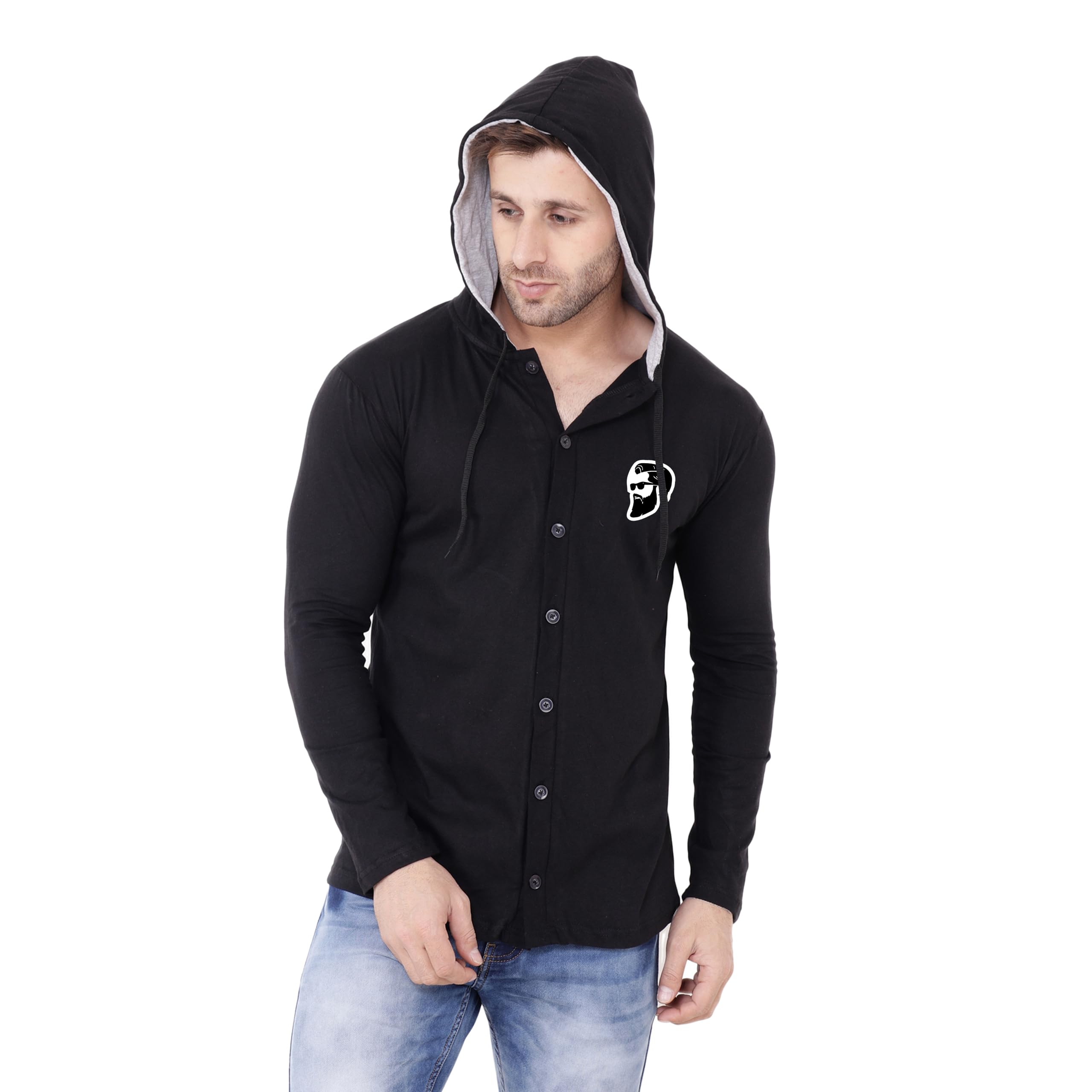 blisstone Men's Solid Hooded T-Shirt with Full Sleeves & Front Button Closure | Casual Cotton Blend Slim Fit Shirt Black-picture-46