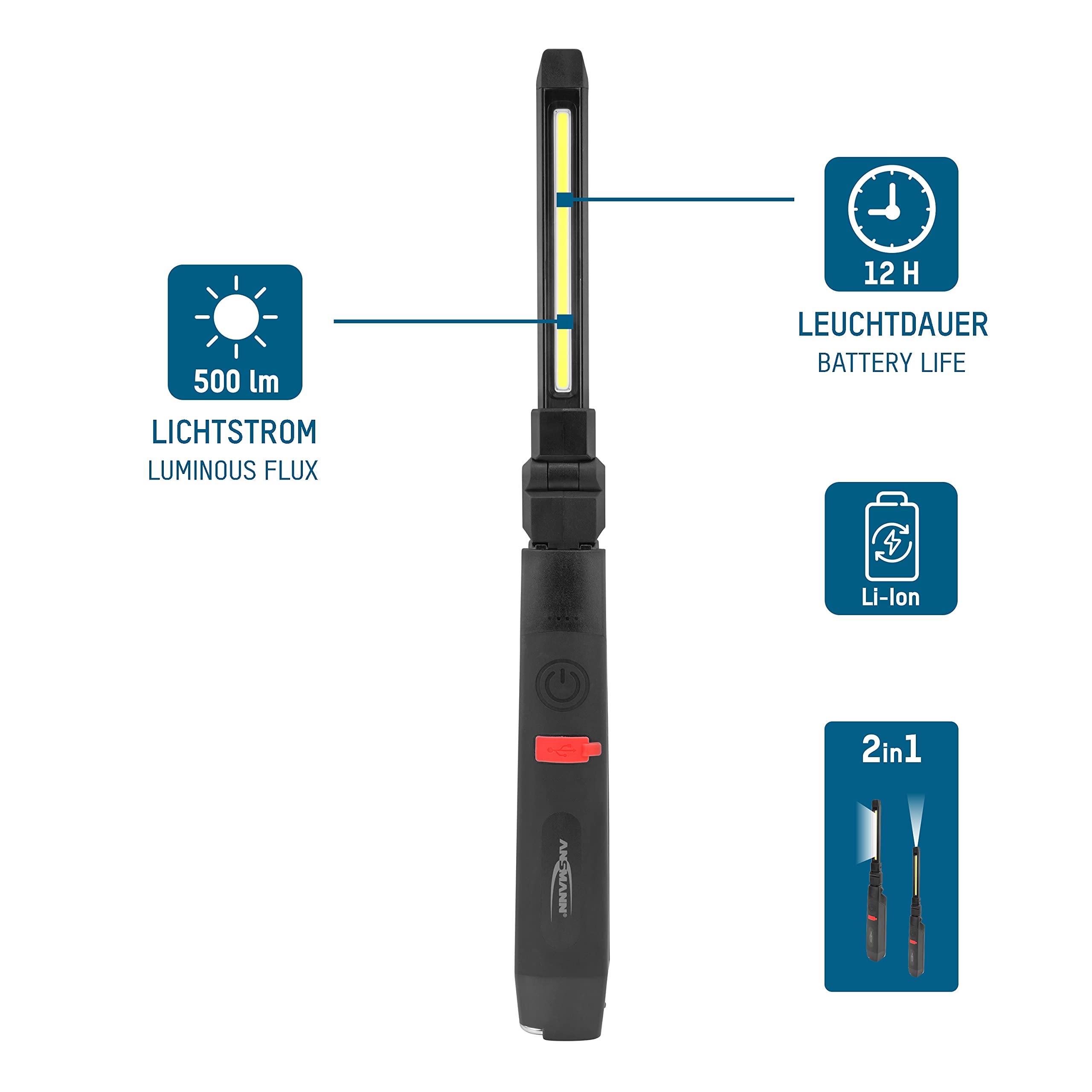 ANSMANN Lampe d'inspection IL500R (1 pce) – Lampe de travail rechargeable d'une puissance d'éclairage de 500 lumens – Lampe LED multifonction avec pied magnétique et crochet de suspension