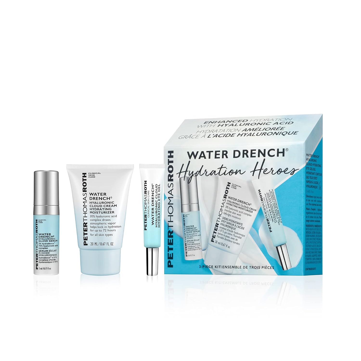 Peter Thomas Roth | Water Drench Hydration Heroes 3-Piece Kit | Hyaluronic Acid Skin Care Kit, Water Drench Glow Serum, Moisturizer and Eye Gel : Beauty & Personal Care
