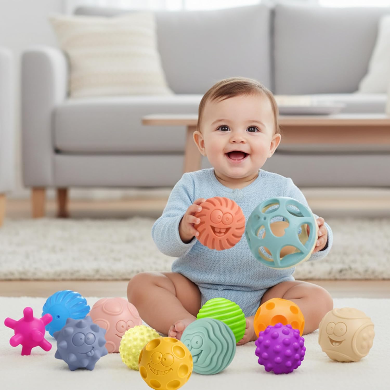 Montessori Sensory Toys for Babies Bundle—12PCS Soft Textured Baby Balls & Wheat Straw Rattle, Baby Toys 6-12 Months, Toddlers 1-3, Colorful Tummy Time & Learning, Ideal Newborn Gifts for Boys & Girls