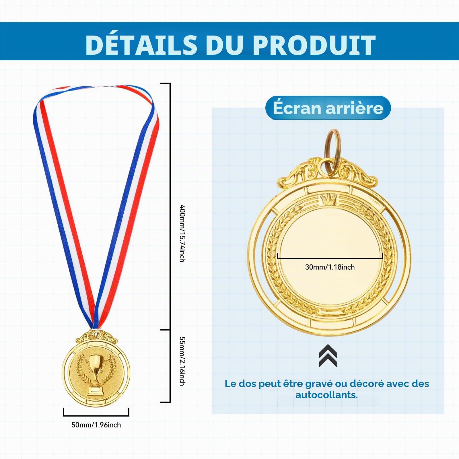 6 pièces de médailles d'or pour récompenses, médailles de récompense en métal pour enfants avec rubans de cou, médailles de vainqueur de trophées de style olympique, médailles d'or pour les prix de
