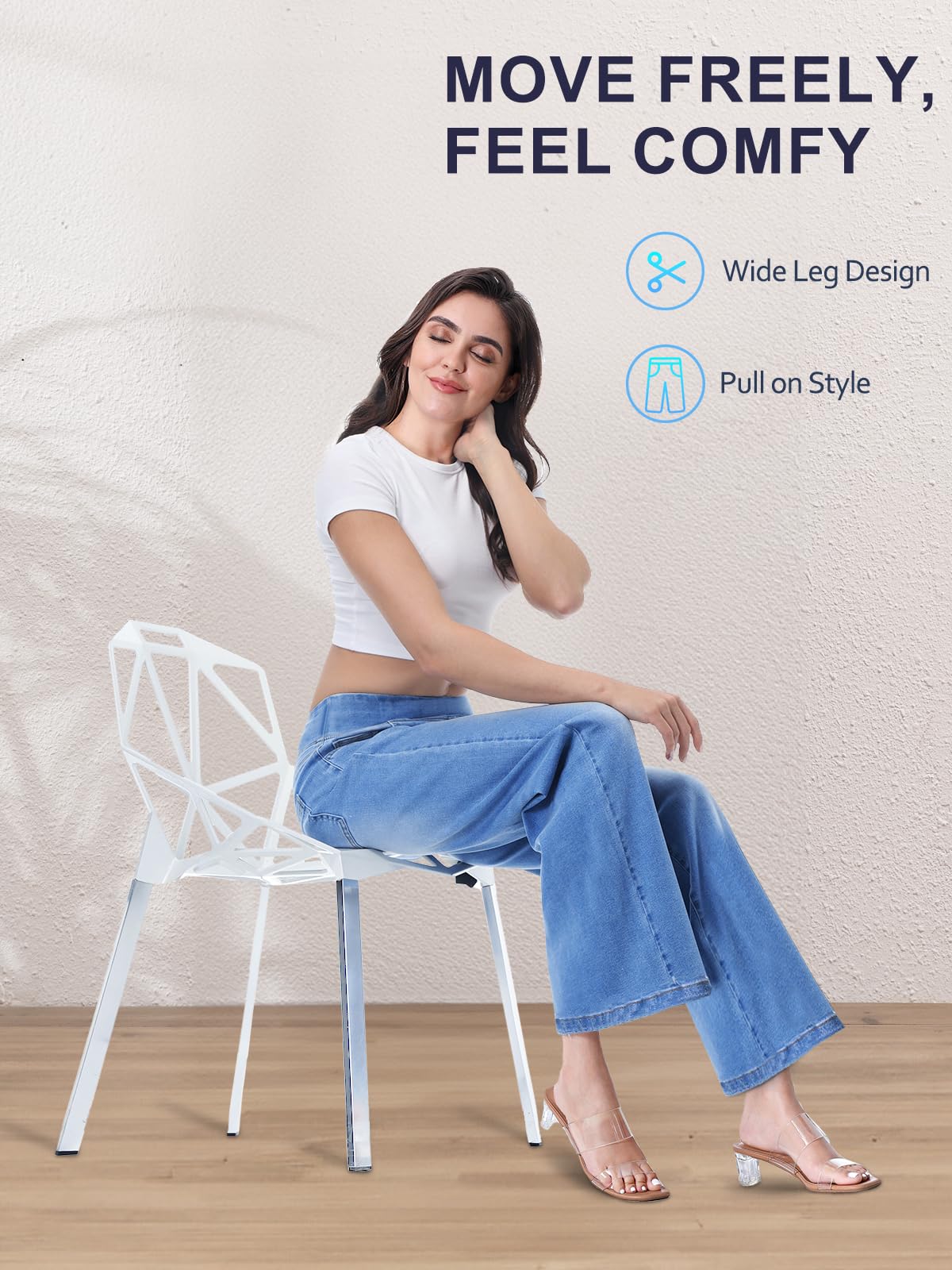 Jeans Donna, Eleganti Pantaloni Estivi Donna Jeans Vita Alta Elasticizzati Jeggings Pantalone Larghi Curvy Palazzo