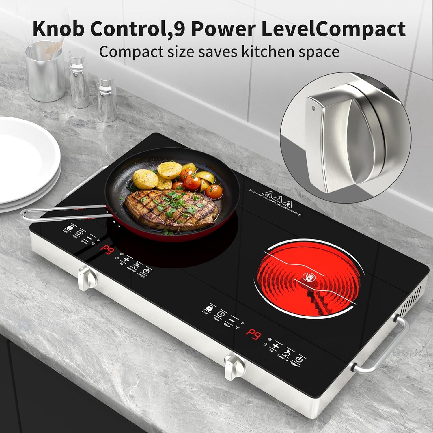 VBGK Double Electric Hob, 220V 3520W Ceramic Hob with Handle, Electric Hot Plate with 9 Power Levels, Child Safety Lock, Timer,Knob and Touch Control, 2 Burner Cooktop — view 9