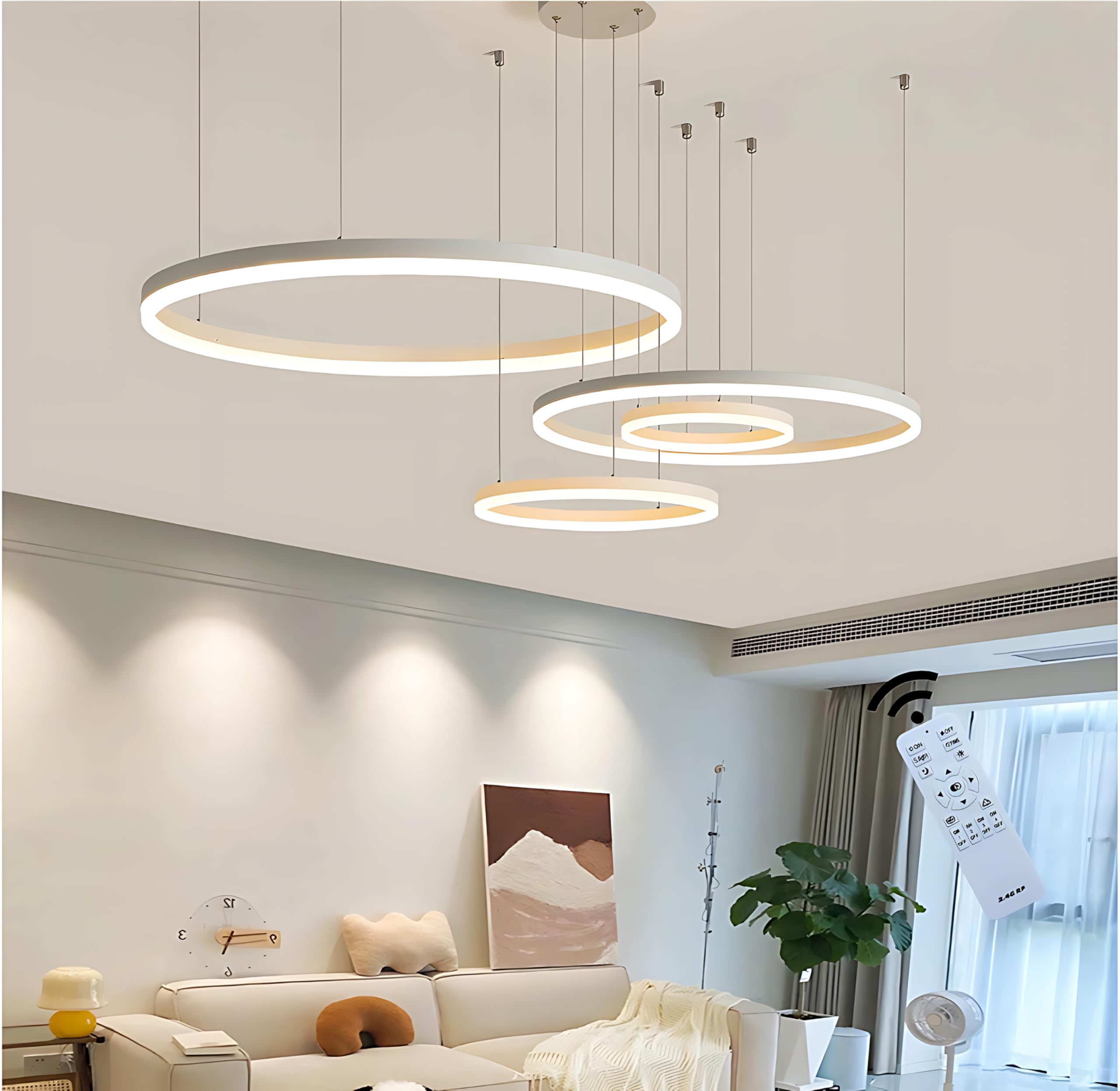 BEHWU LED Chandelier, Modern Circular LED Pendant Light with Remote Control, Dimmable Ring Pendant Lights for Kitchen Island, Living Room, Dining Room (Color : White, Size : 4 Ring 20+40+60+80cm)