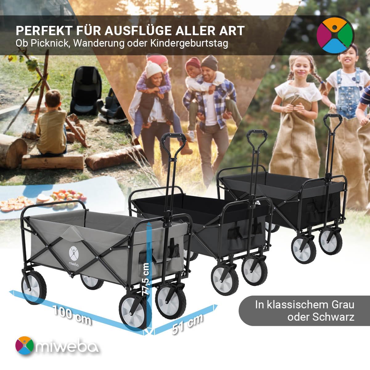 Miweba Faltbarer Bollerwagen MB-35 | Traglast 120 Kg - Klappbar - Handwagen faltbar - Transportwagen für Kinder - Kinderwagen - Gartenwagen - Wagen - Strandwagen - Faltwagen (Schwarz/Dunkelgrau)