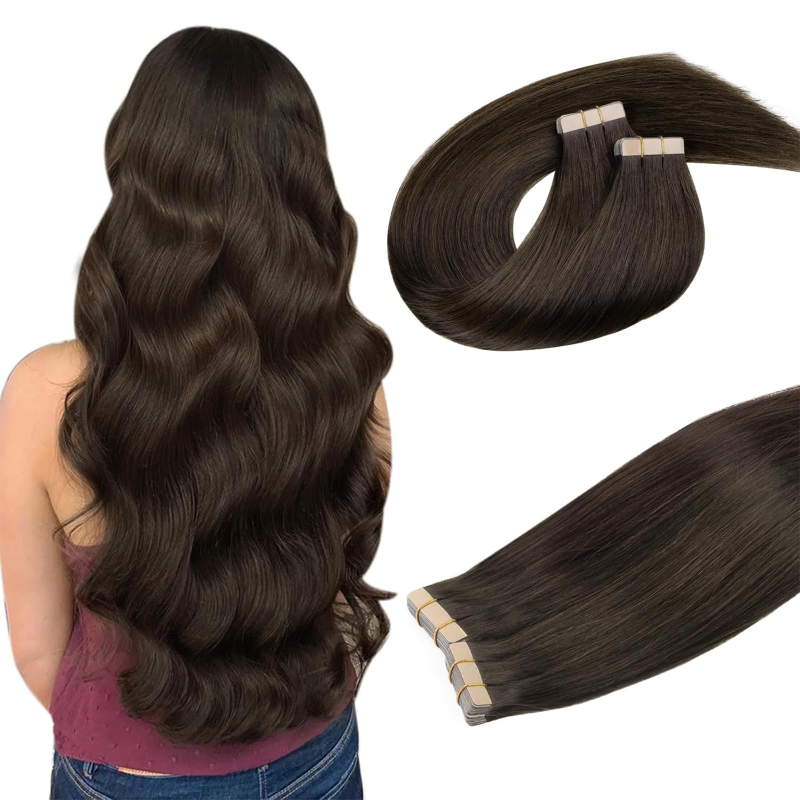 DOORES Tape in Hair Extensions Real Human Hair, Light Dark Brown 16 Inch 100g 40pcs, Human Hair Extensions Tape in Natural Hair Straight Hair