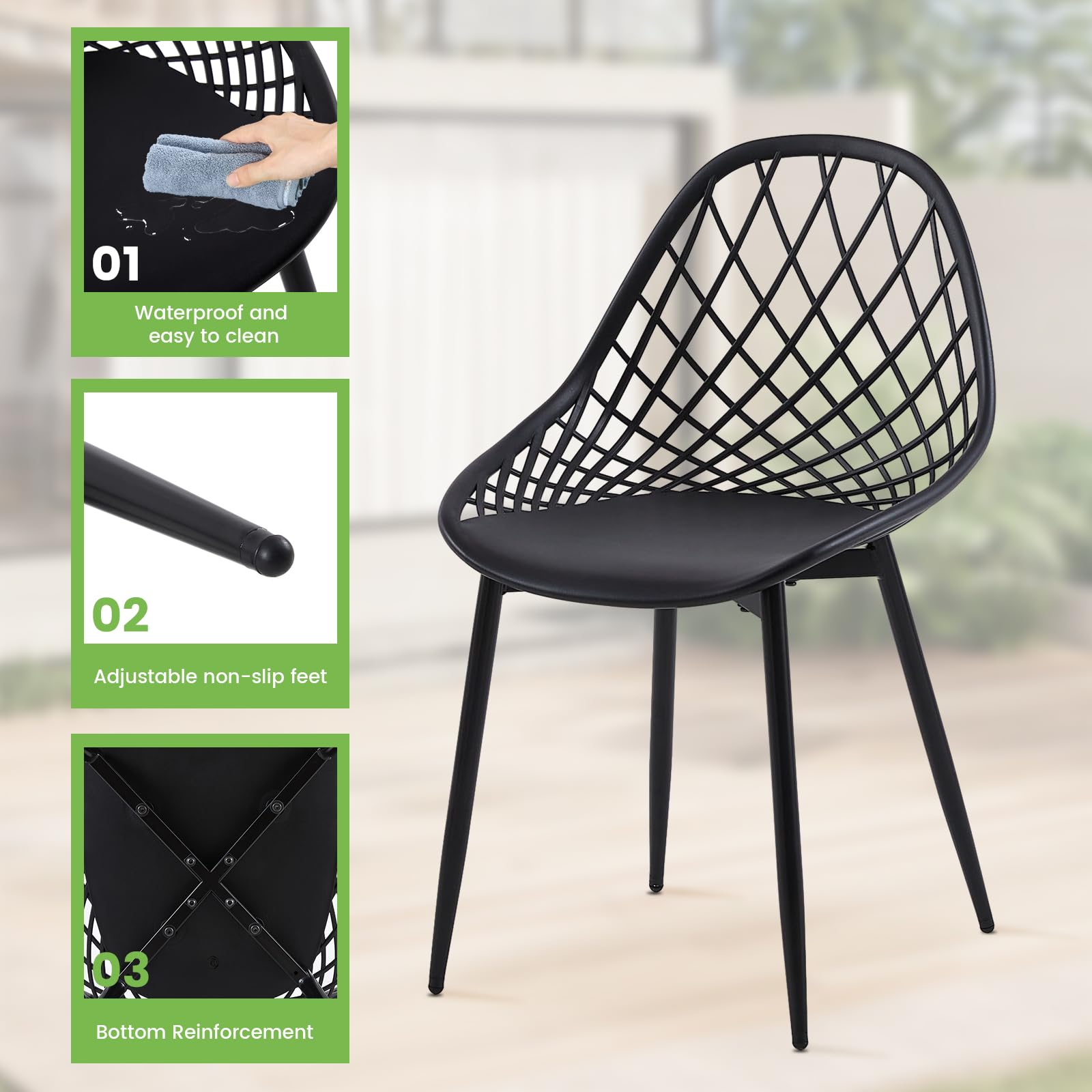 Set di 2 sedie da giardino in metallo, set da 2 sedie da bistrot per esterni, ergonomiche, adatte per interni ed esterni, colore: nero, 2 sedie + 1 tavolino da caffè