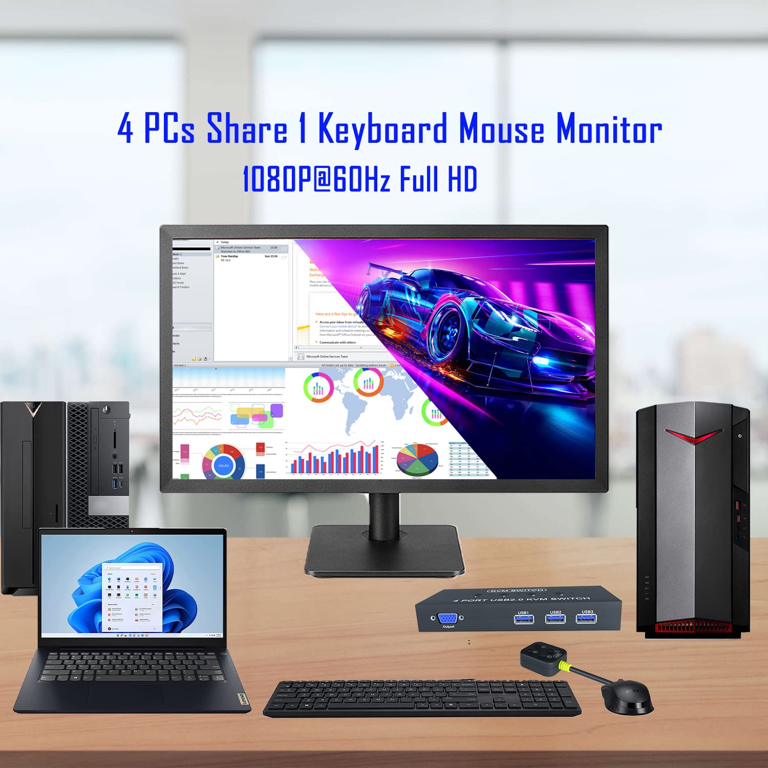 Conmutador KVM VGA de 4 puertos – Conmutador KVM VGA para 4 computadoras Comparta 1 monitor y 3 dispositivos USB 2.0, teclado y ratón, escáner impresora, disco U, sin controlador para todos los 2