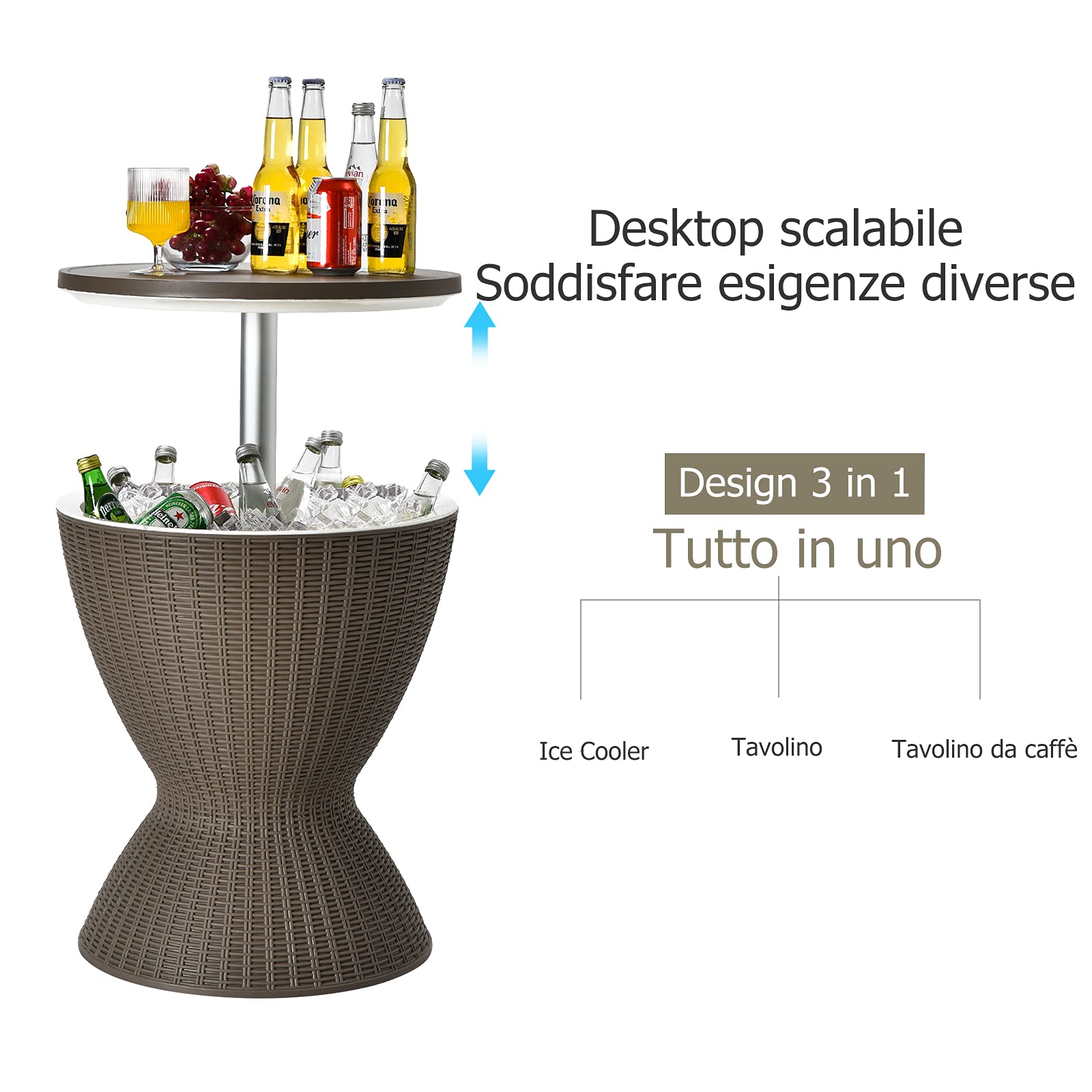 GOPLUS 30 L Portaghiaccio in Rattan, Tavolino Bar per Festa Estiva, Cool Birra/Bevande, Centro Regolabile da 57,5-82 cm, Contenitore di Ghiaccio, Ideale per Campeggio, Piscina Esterna(Marrone)
