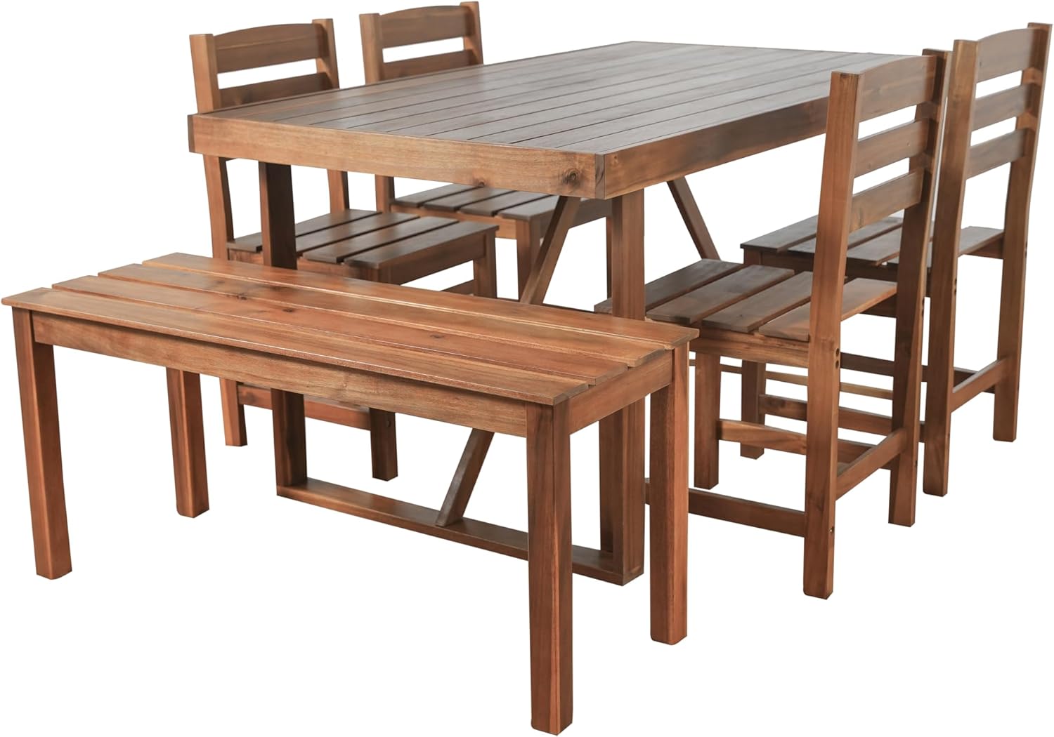 RuiSiSi Outdoor Dining Set for 6, Acacia Wood Patio Dining Table Set with Bench and 4 Chairs for Balcony, Backyard, Garden, Brown