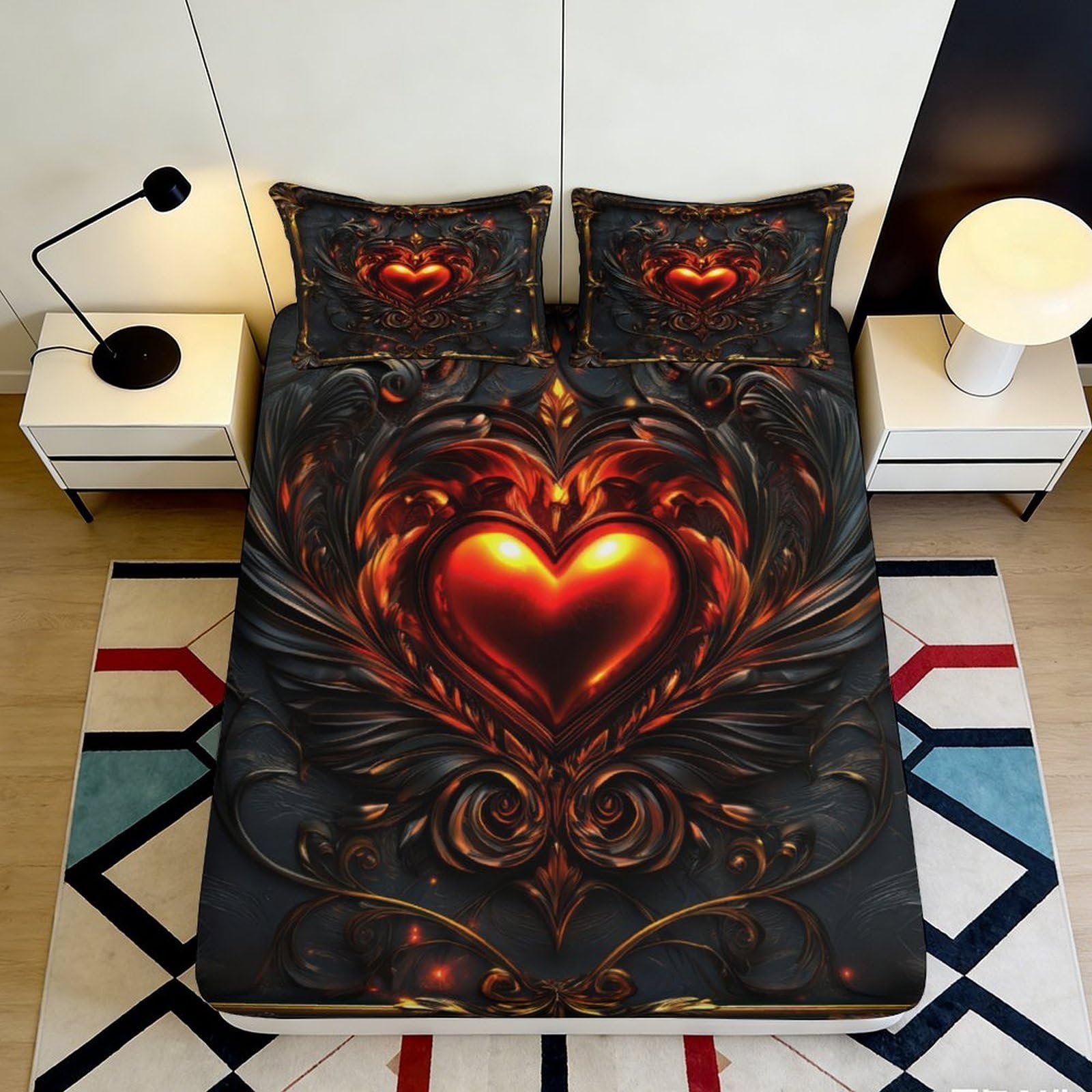 3D Printed Fiery Heart Art Fitted Sheet Microfiber Soft Black Baroque Mattress Cover for Bedroom Dorm Easy Care 120x200x25cm