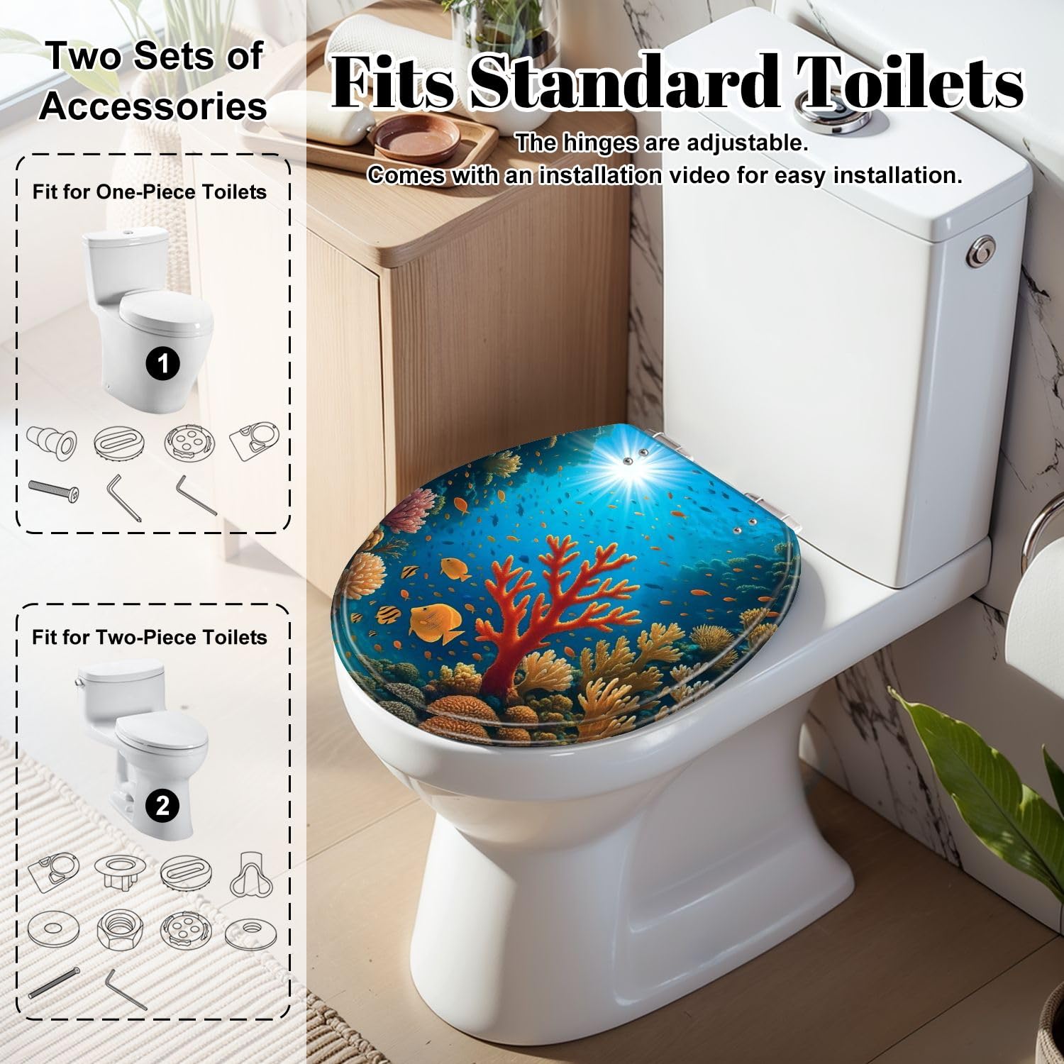 Langer Toilettensitz, Meeresschildkröte und Korallenfisch-Design, Harz-Konstruktion, langsam schließender Deckel, Schnellverschluss-Scharniere, leicht zu reinigen