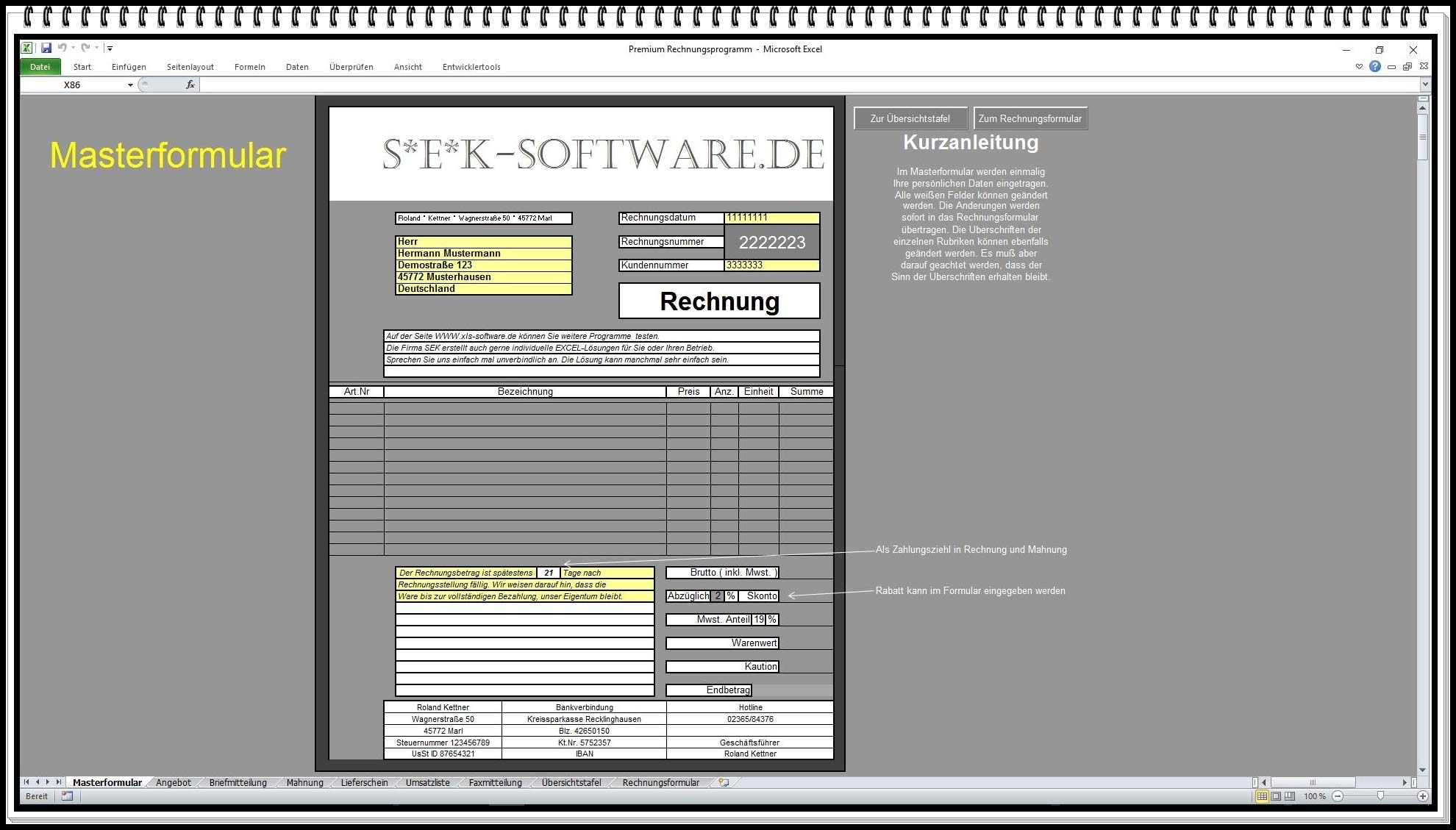 Excel Rechnungsprogramm Kundenverwaltungssoftware mit Rechnung, Angebot & Lieferschein – CRM System mit PDF & E-Mail Funktion | Ohne Abo