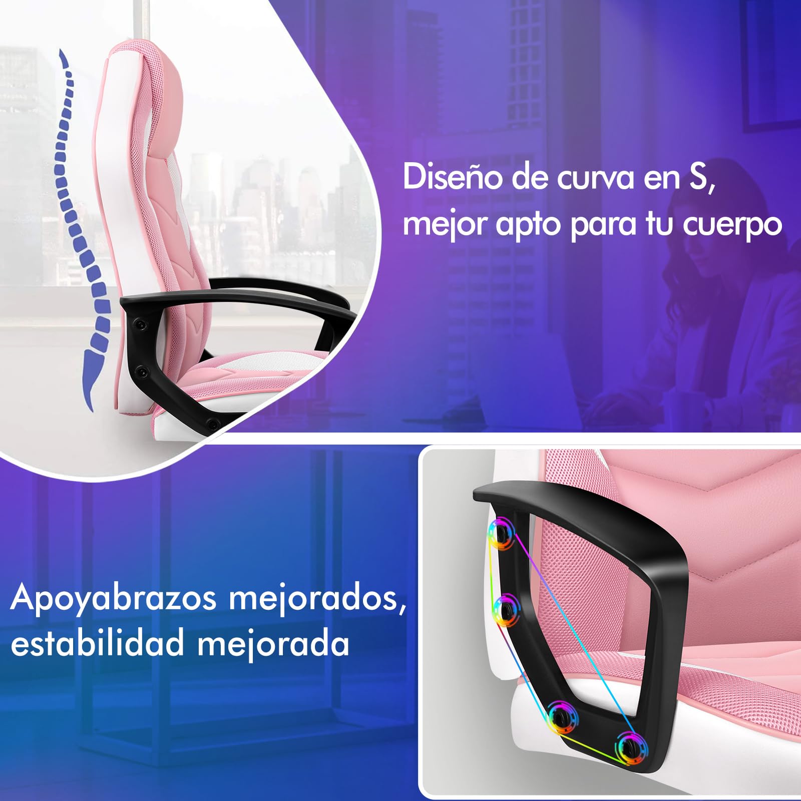 ALFORDSON Silla Gaming de Oficina Regulable con Ruedas, Racing Silla Escritorio Ergonómica de Piel Sintética y Malla, Asiento basculante y Altura Regulable, Soporta 150 kg(Rosa)