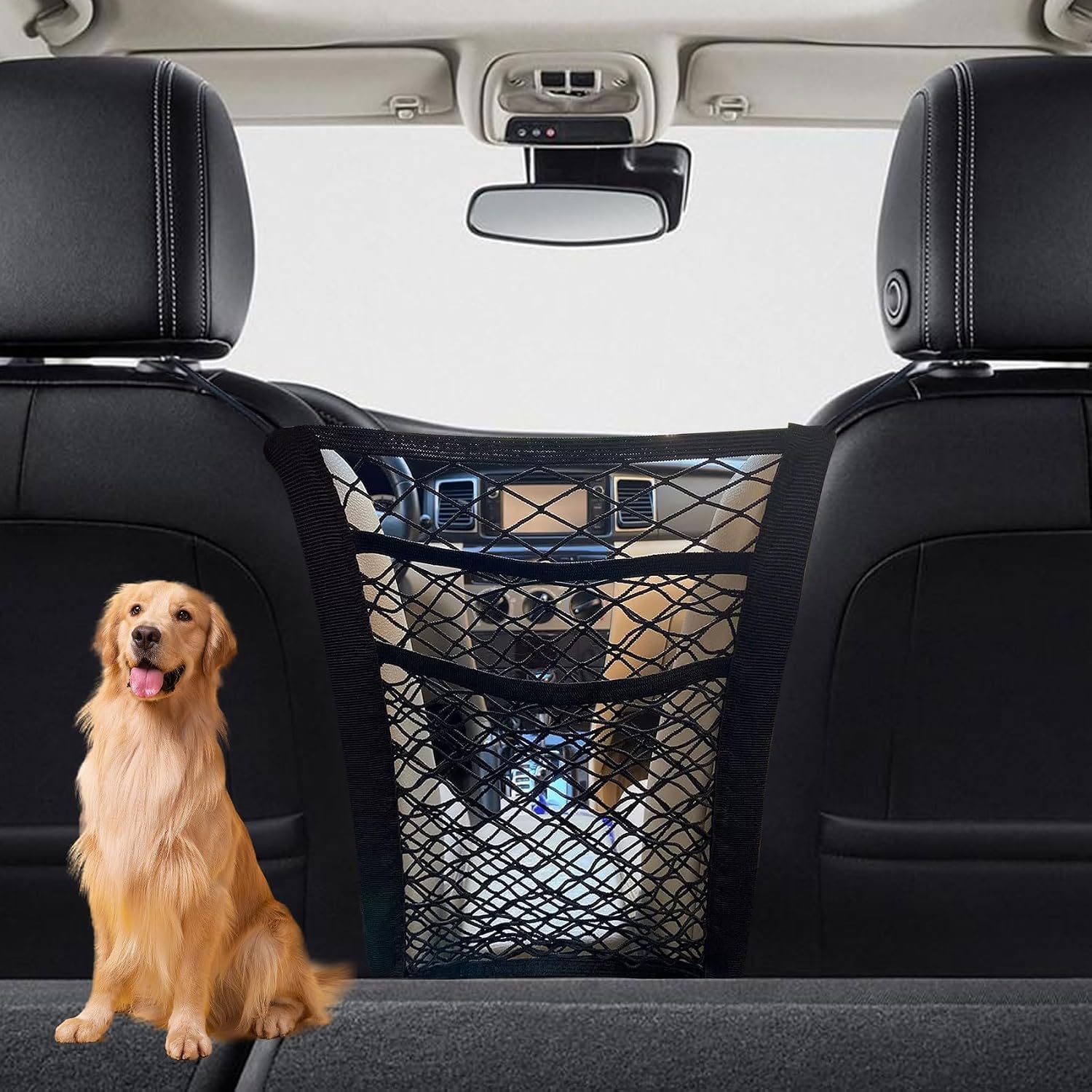 JINGMU 3 Layers Car Mesh Organizer for Chrysler 300C, Storage Network Of Car Seat, Four-Side Elasticity Pet Net Barrier, High Flexibility Seat Back Net Bag