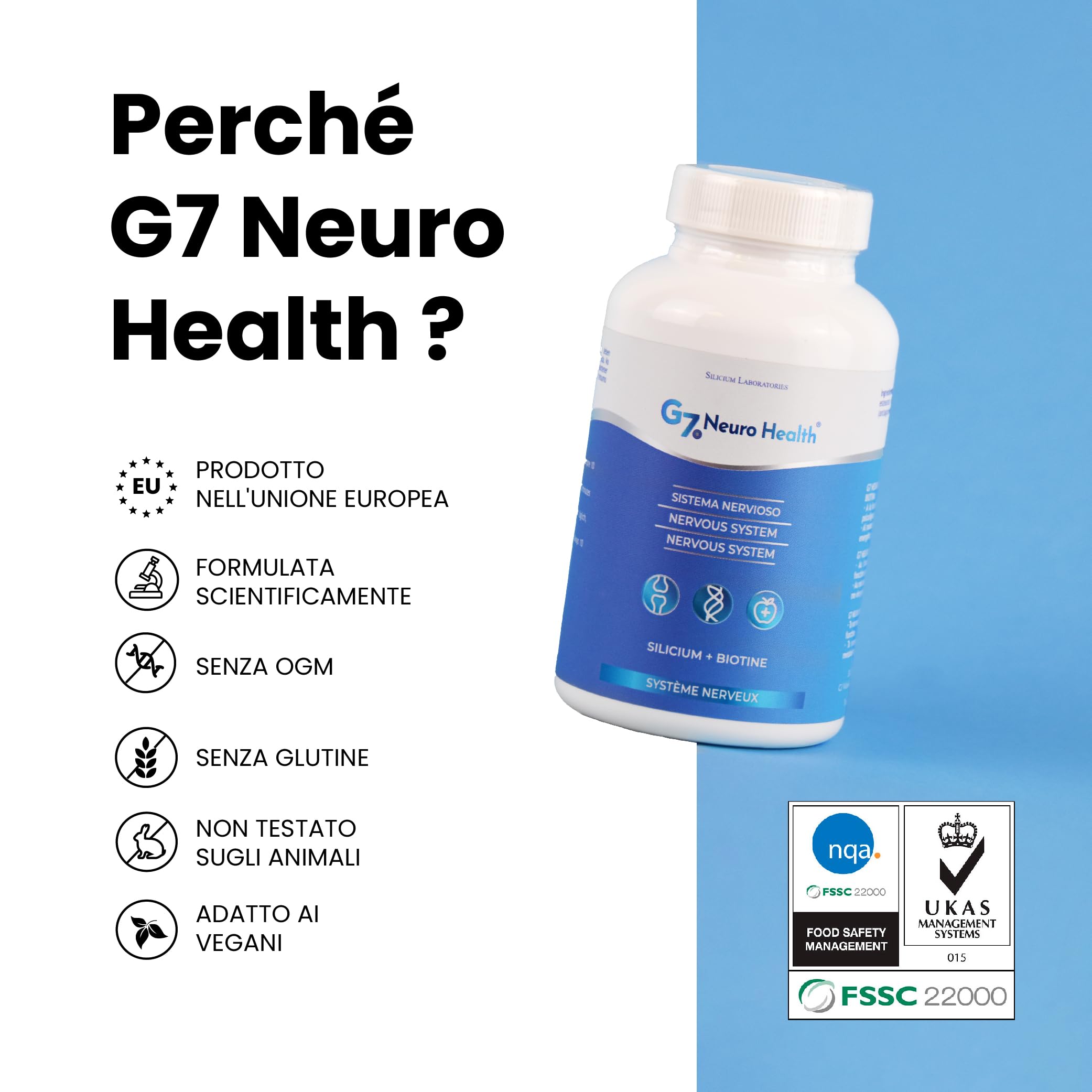 G7 Neuro Salute. Supplemento favorisce la concentrazione e la memoria e contribuisce rimozione di metalli pesanti. Silicio e magnesio biotina. 120 capsule.