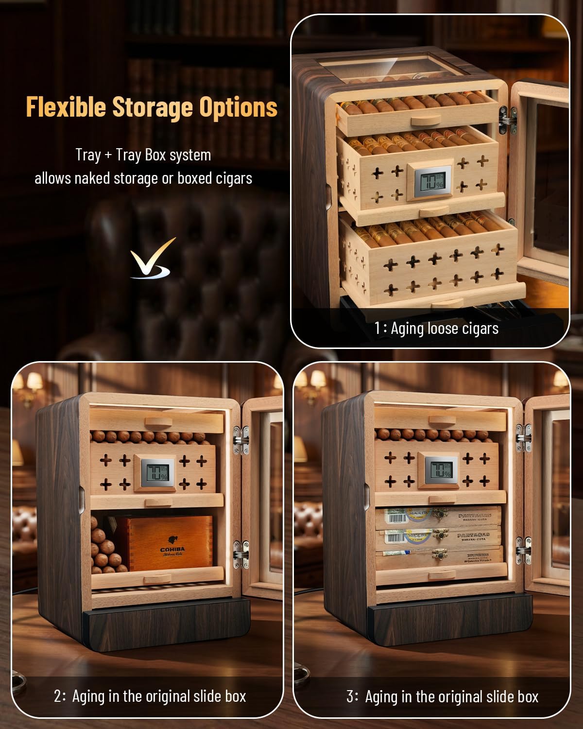 Flauno Cigar Humidor Cabinet with Dual-Fan Air Circulation System, 80+ Capacity, Thicker Spanish Cedar, Accurate Digital Hygrometer, Adjustable LED Lighting, Accessory Drawer, Gift for Aficionado