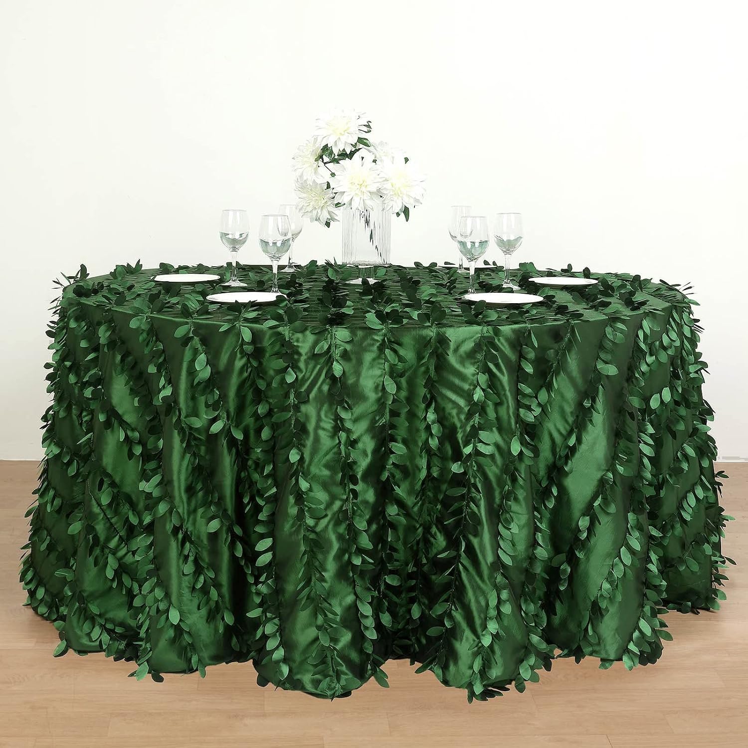 Efavormart 132" Leaf Petal Taffeta Tablecloth Round - Green for Wedding, Party, Event, Banquet, Decoration, Dessert Table Exhibition, Events Table Cover, Indoor Outdoor
