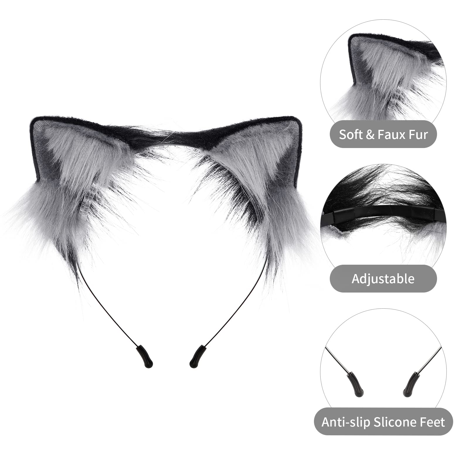 Cat Fox Wolf Ears Faux Fur Animal Anime Headband for Halloween Party Costume Accessory: Grayblack