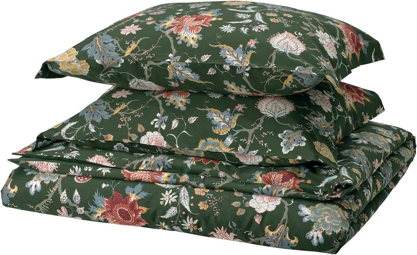Ikea NÄSSELKLOCKA Duvet Cover and 2 Pillowcases, Dark Grey-Green/Multicolour, 240x220/50x80 cm-image-31