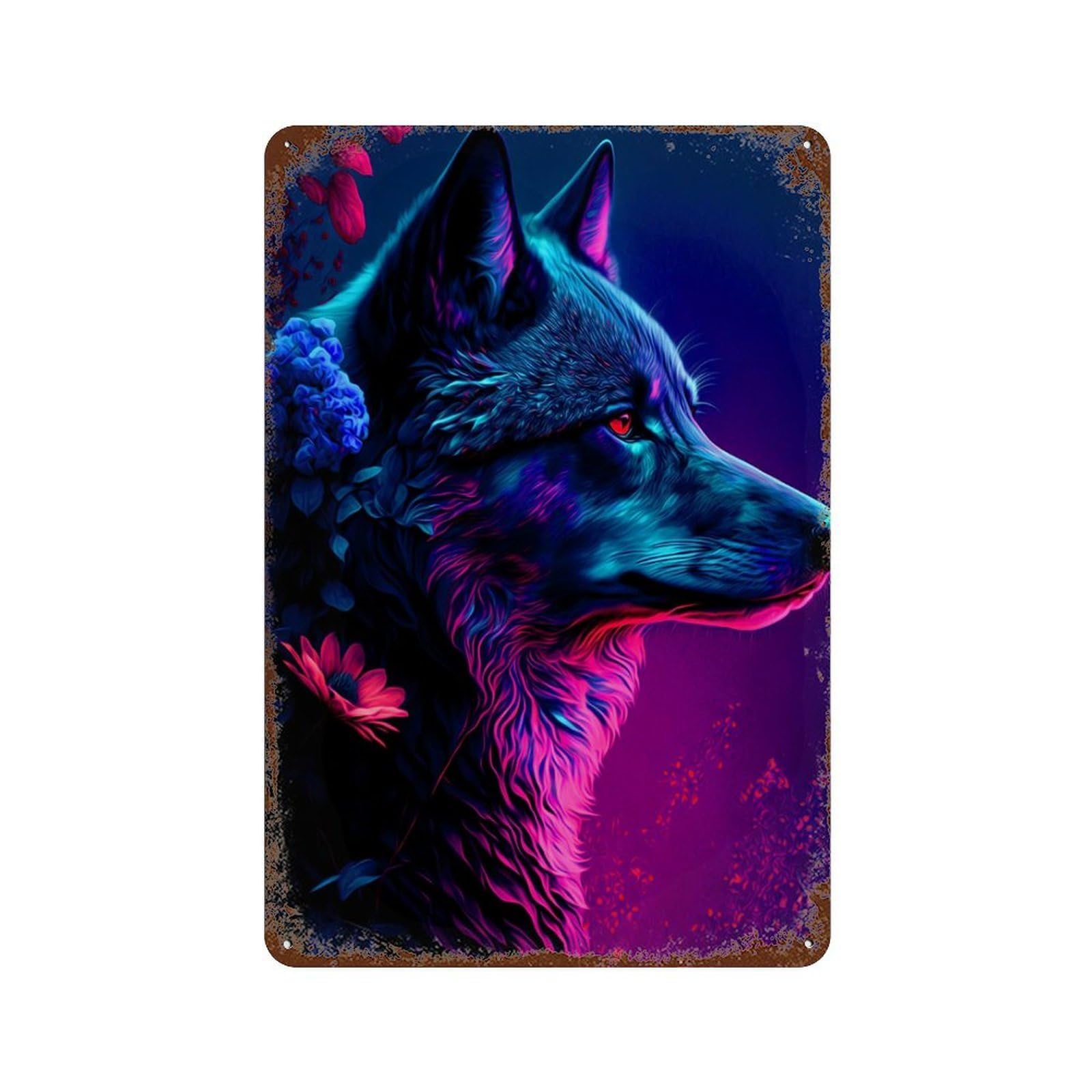 Weathered Tin Sign with Brilliant Wolf Design 11.8"x7.9", for Office, Studio And Wall Decor, Retro Wall Decor