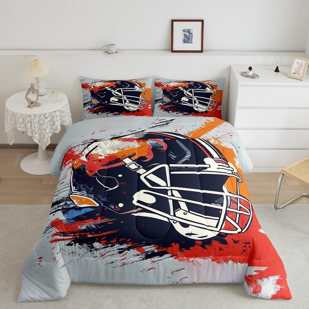 American Football Comforter Set Full Size,Rugby Sport Games Bedding Set for Kids Boys,Teens Men American Football Player Helmet Quilt Set Vintage Graffiti Orange Red Navy Duvet Insert 3Pcs