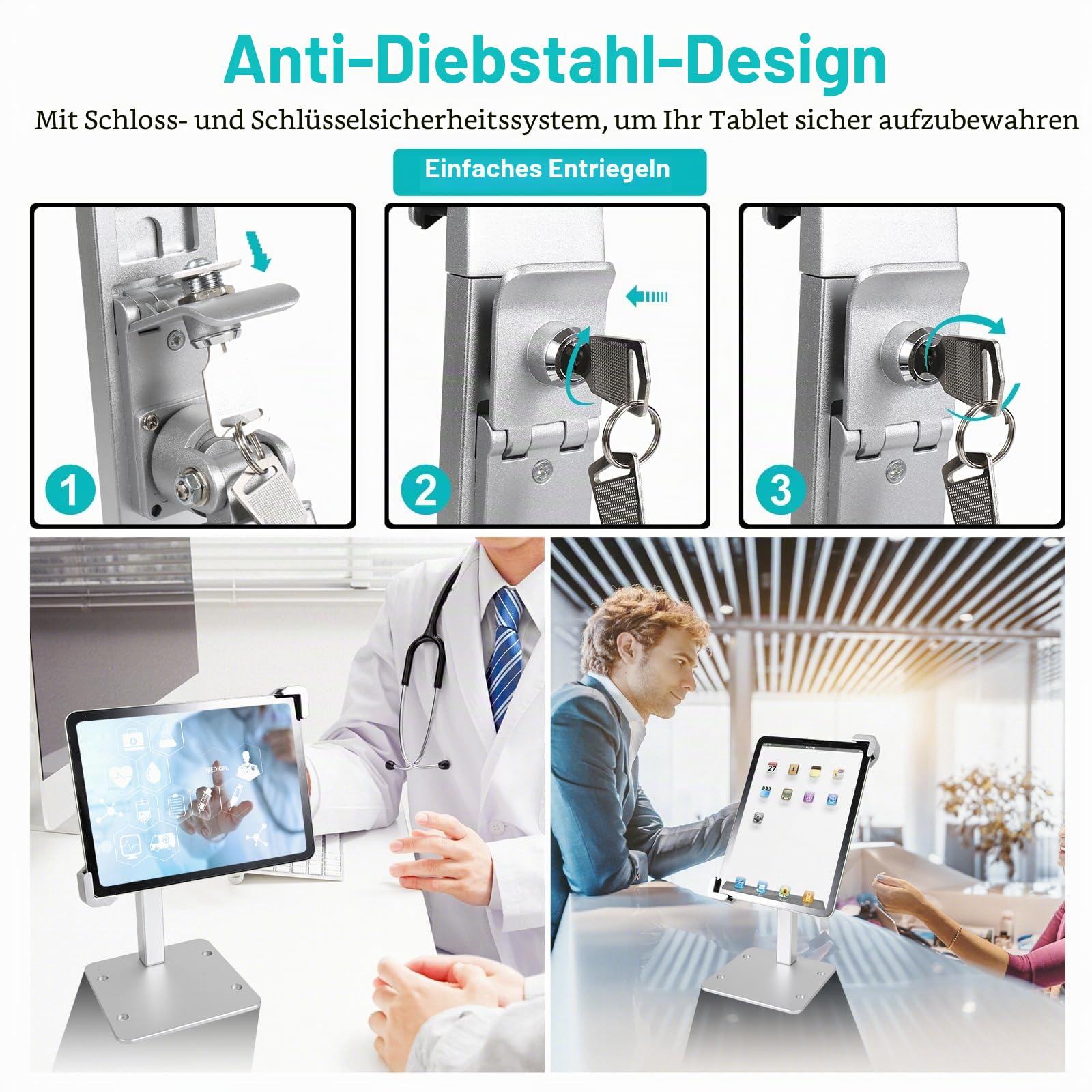 GDZN Anti Diebstahl Tablet Halterung Tisch, [Schwerlast] iPad Kiosk Ständer mit Schloss und Schlüssel, Aluminium Sicherheitsschloss Halter für iPad Pro, Air, Galaxy Tab, Surface, 7-11" Tablet