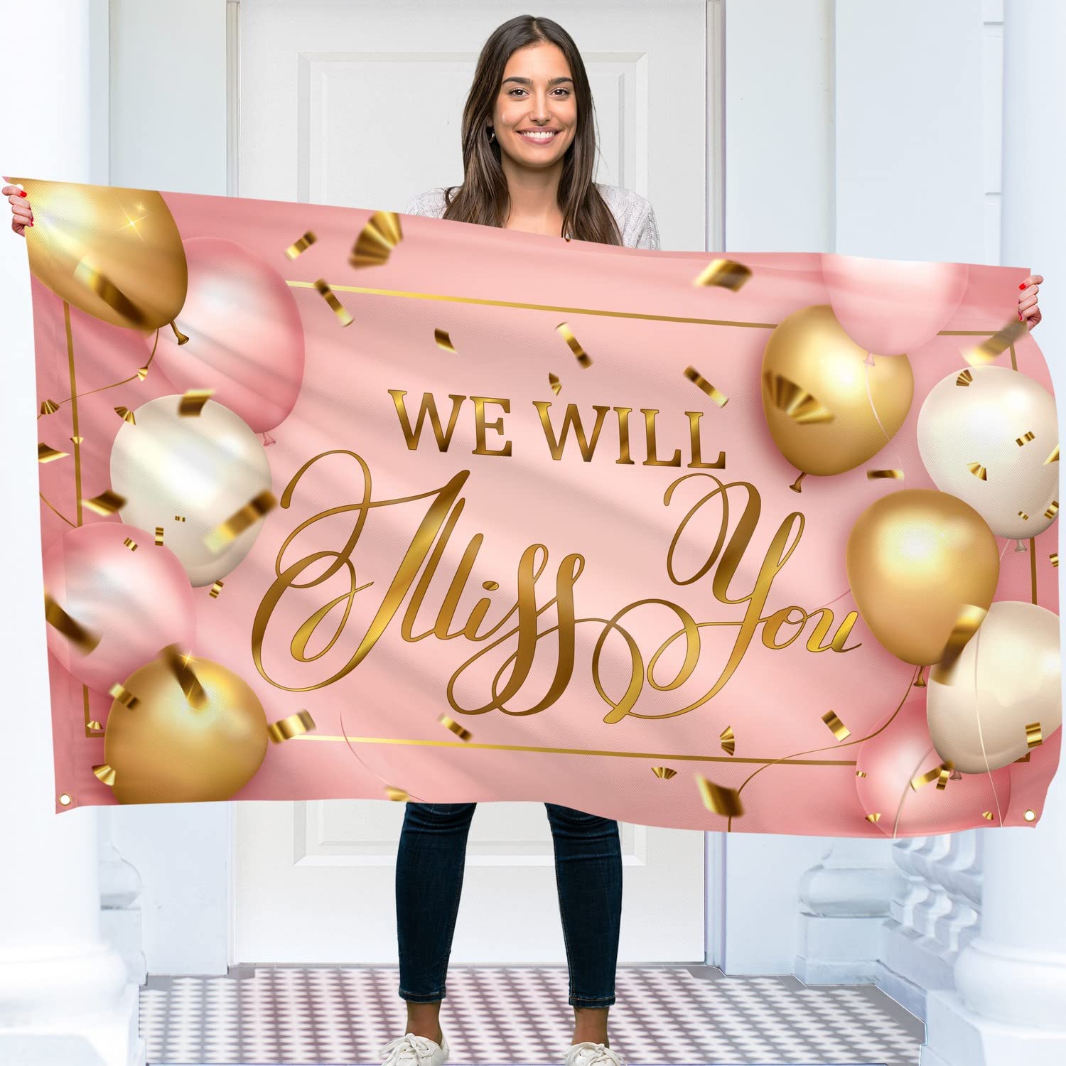 Good Luck Banner - Sorry Your Leaving Decorations 5ft x 3ft - We Will Miss You Goodbye Farewell Banner (Rose Gold)