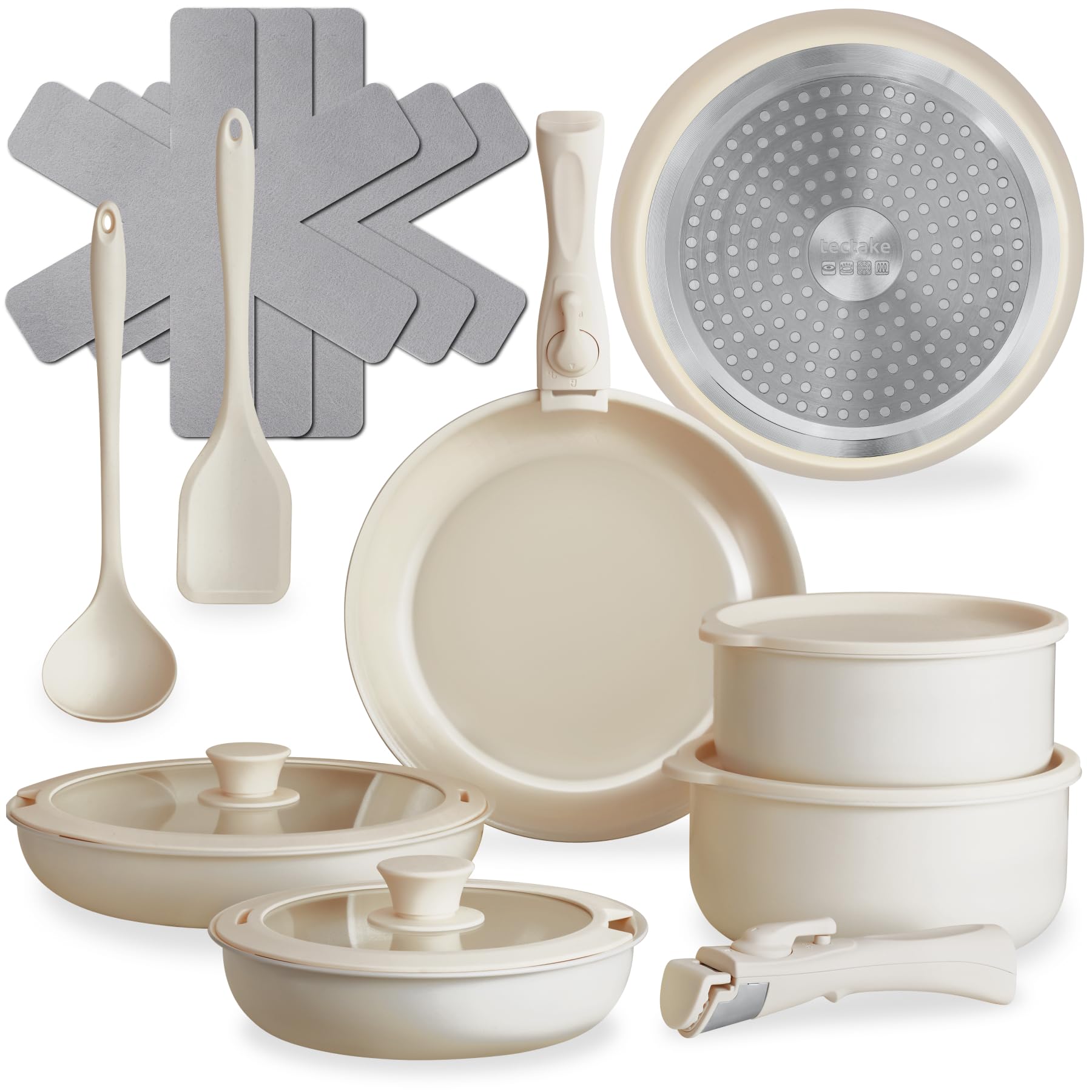 tectake® Batterie de cuisine 16 pcs, 2 Casseroles, 3 Poeles, 4 couvercles, 3 protège Casseroles Spatule Louche Induction gaz Vitrocéramique Poignées amovibles Revêtement antiadhésif en céramique Blanc