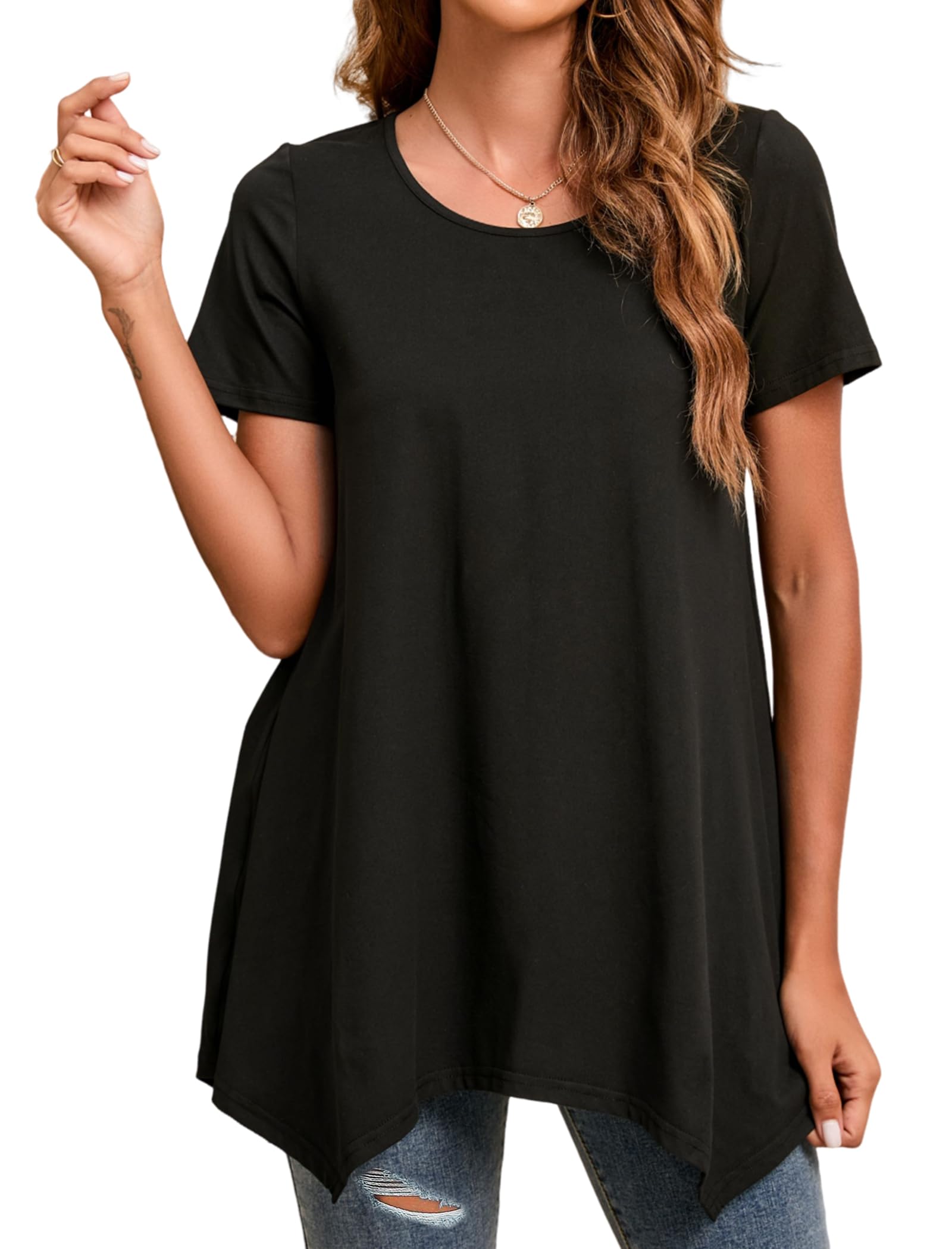 Enmain Schwarz Tunika Damen Kurzarm Sommer Große Größen Elegant Blusen Tuniken Für Frauen Weihnachten Festliche Bluse Long Oberteil Shirt,Schwarz,XL