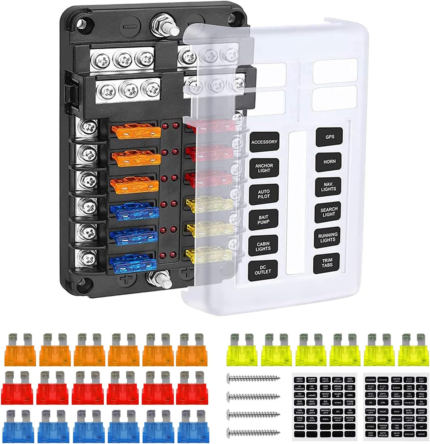 12-Way Blade Fuse Block W/Negative Bus – ATC/ATO Fuse Box Holder with Ground, LED Warning Indicator &Damp-Proof Cover Automotive Box Holder for Car Boat Marine RV Truck DC 12-24V