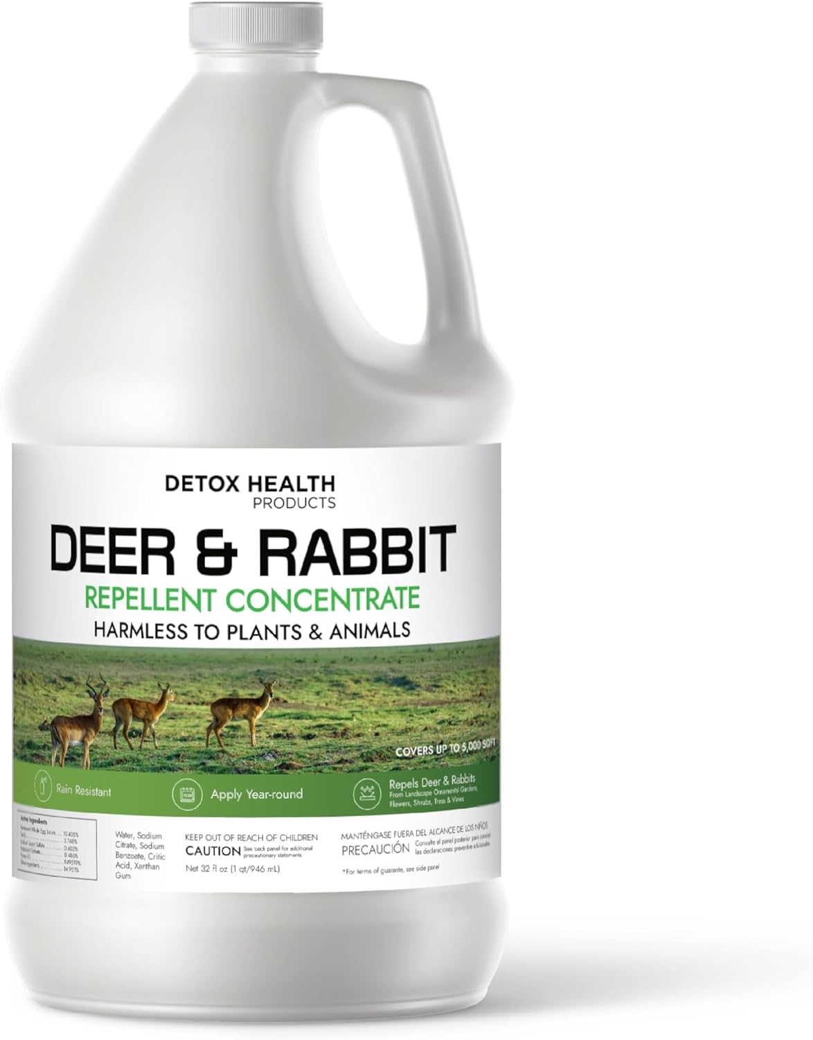 Detox Health Deer & Rabbit Repellent Concentrate – 1 Gallon Outdoor Deer Out & Rabbit Repellent for Plants – Raccoon Repellent – Rain Resistant, Safe for Animals & Plants – Covers Up to 40,000 Sq Ft