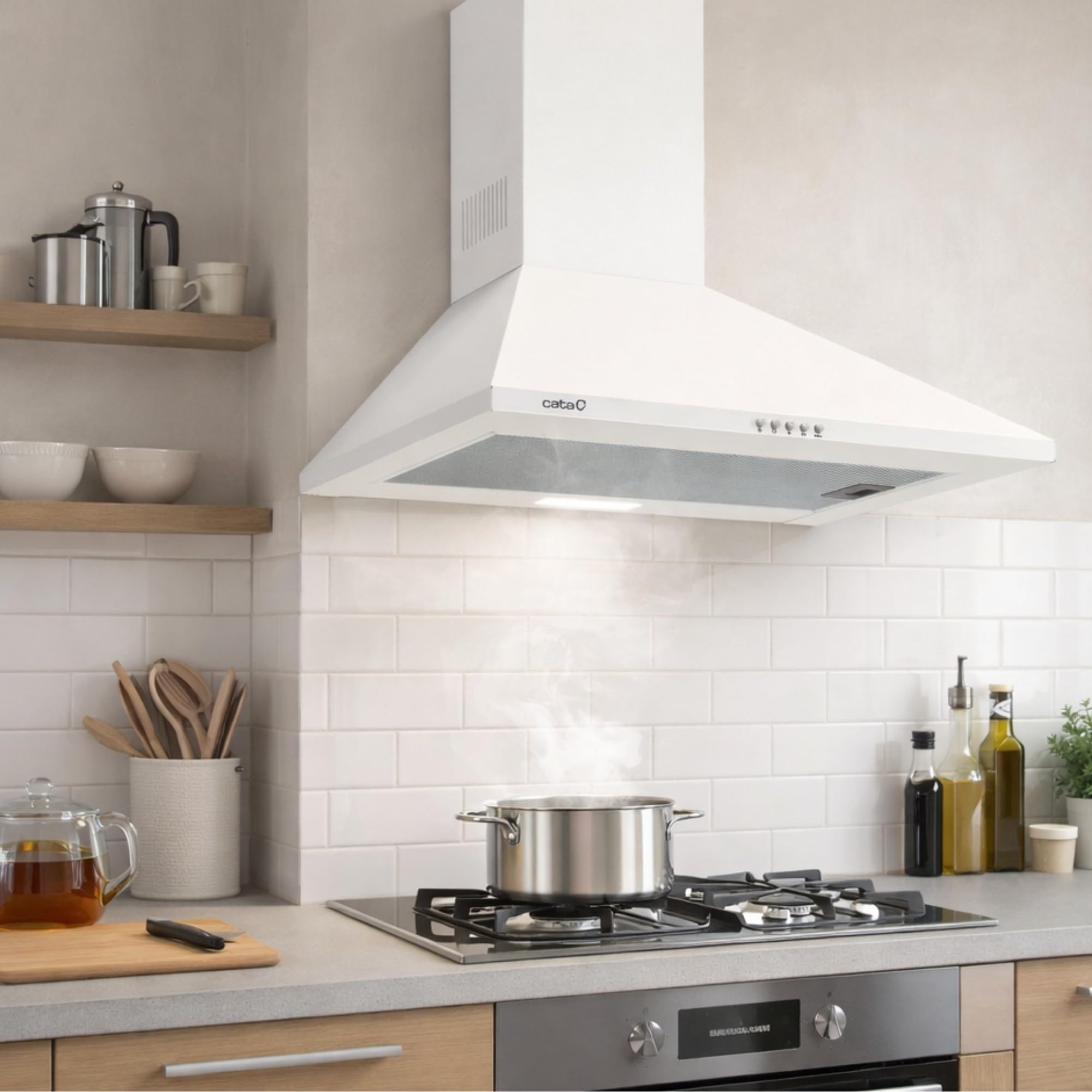 Cata | Cappa aspirante | Modello OMEGA II 600 WH | Campana decorativa da parete | 3 livelli di estrazione | Larghezza 60 cm | Finitura bianca | Classe di efficienza energetica C