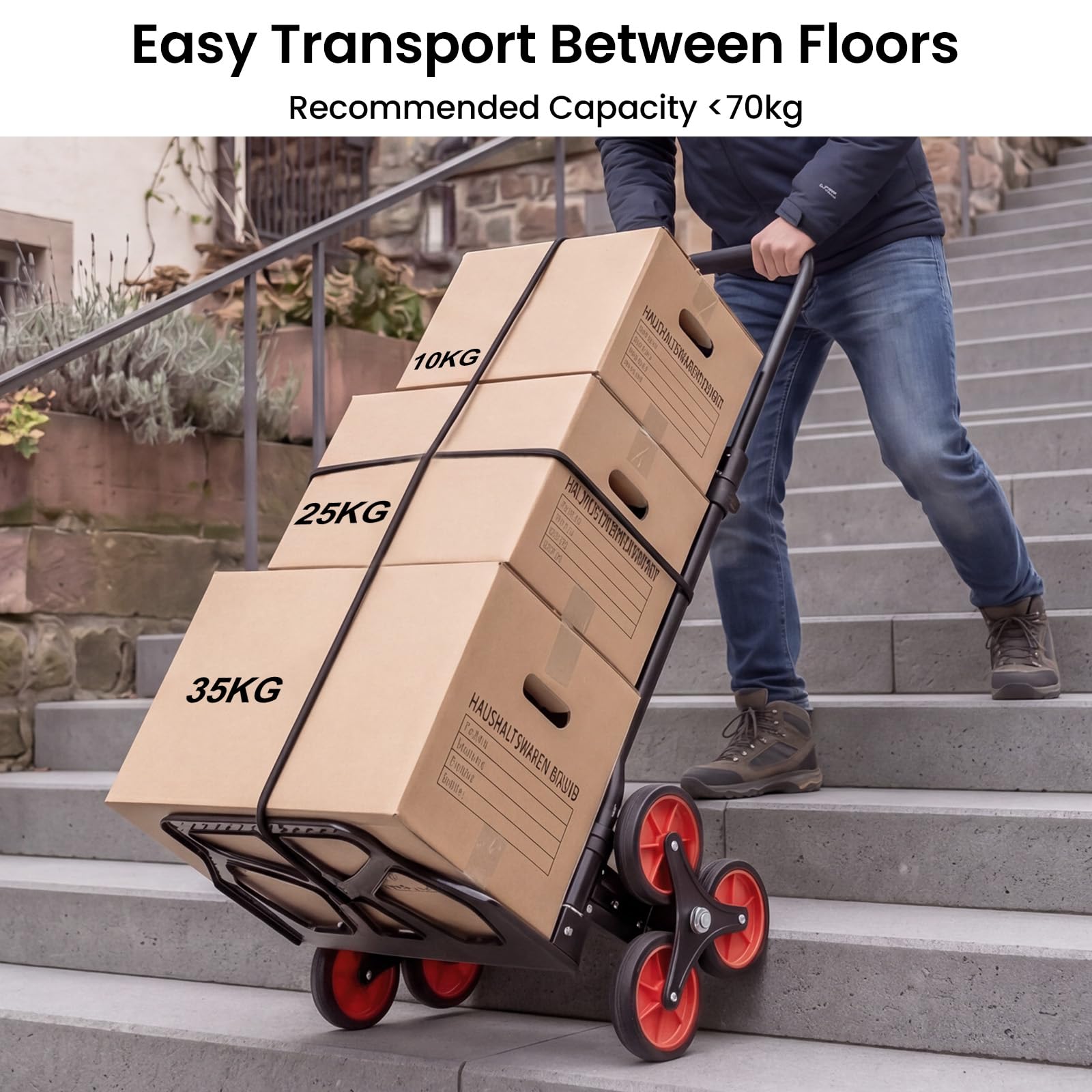 YEAUPE PRO Diable Pliable - Capacité de Charge de 70 kg - Poignée Réglable en Hauteur - avec 2 Cordes d'extension - Transport pour Monter Les escaliers - Noir - 3 Roues